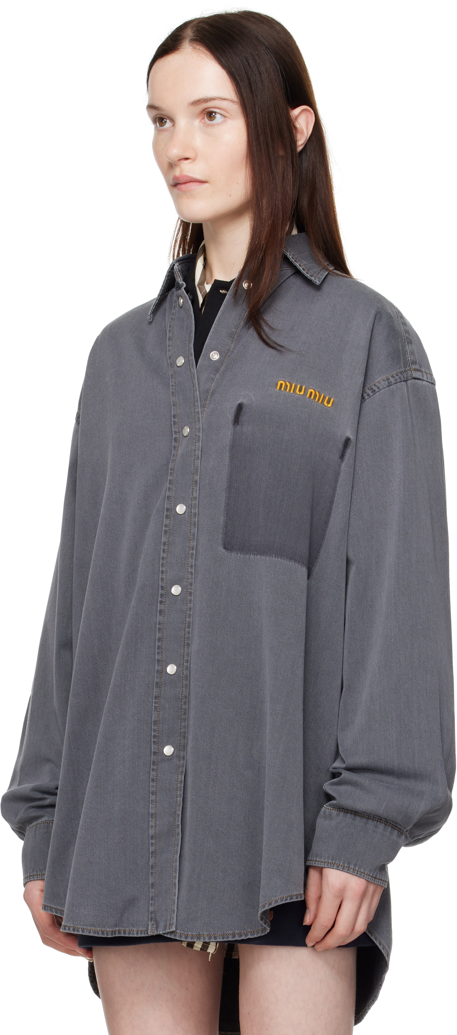 Miu Miu: Gray Chambray Shirt | SSENSE Canada