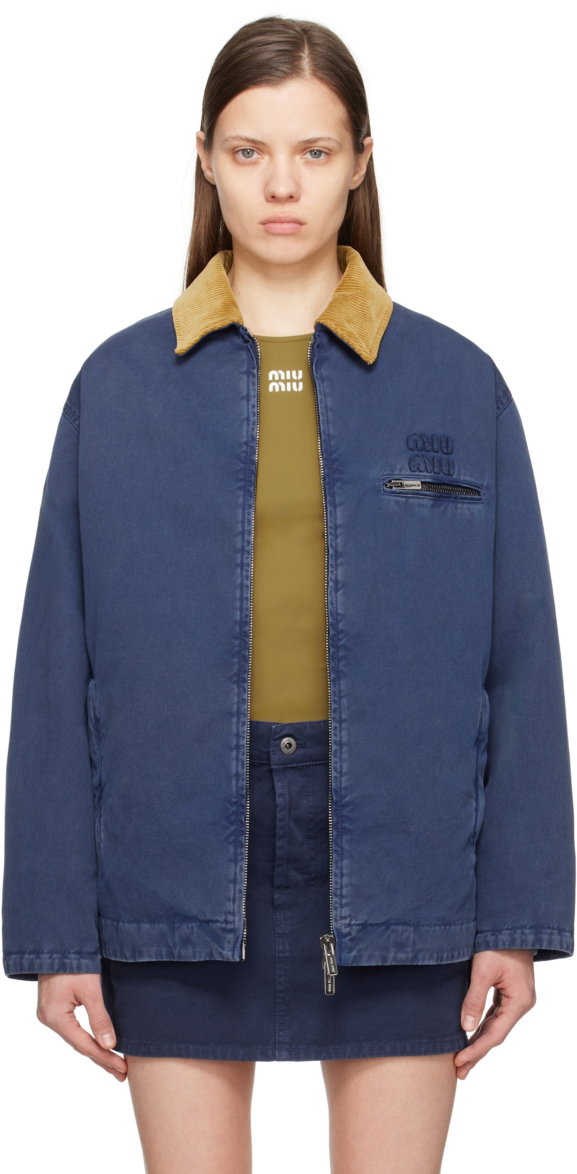 MIU MIU ミリタリージャケット Miu Miu: Navy Embroidered Garment-Dyed Gabardine Jacket | SSENSE