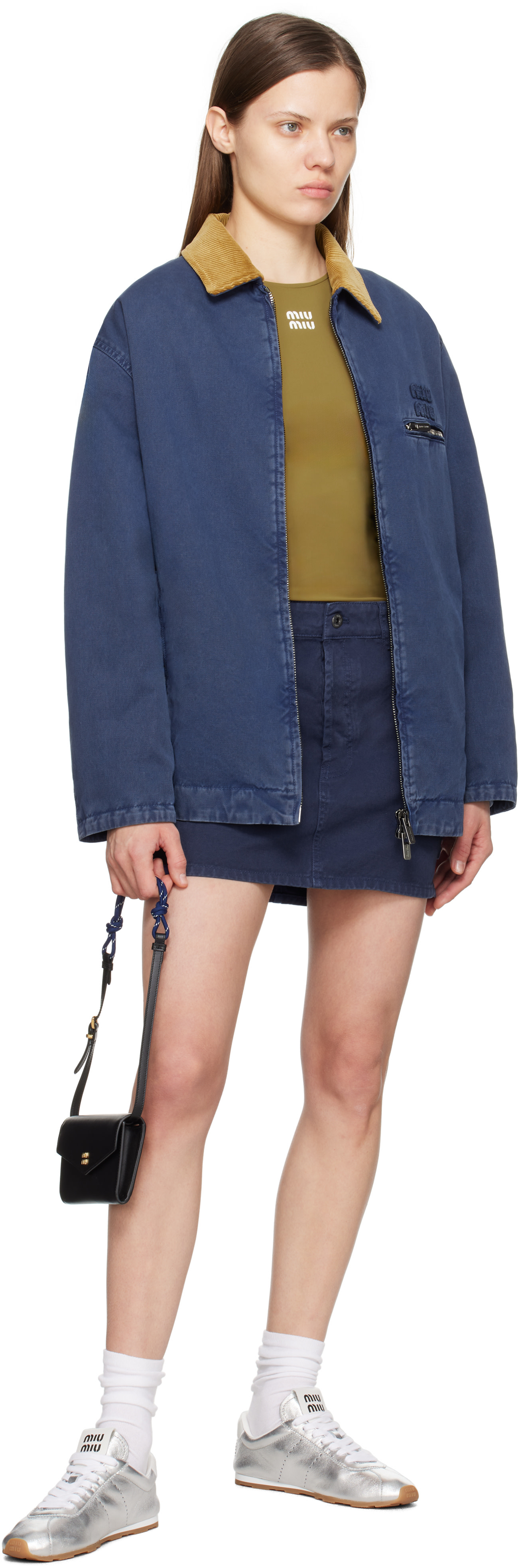 Miu Miu: Navy Embroidered Garment-Dyed Gabardine Jacket | SSENSE
