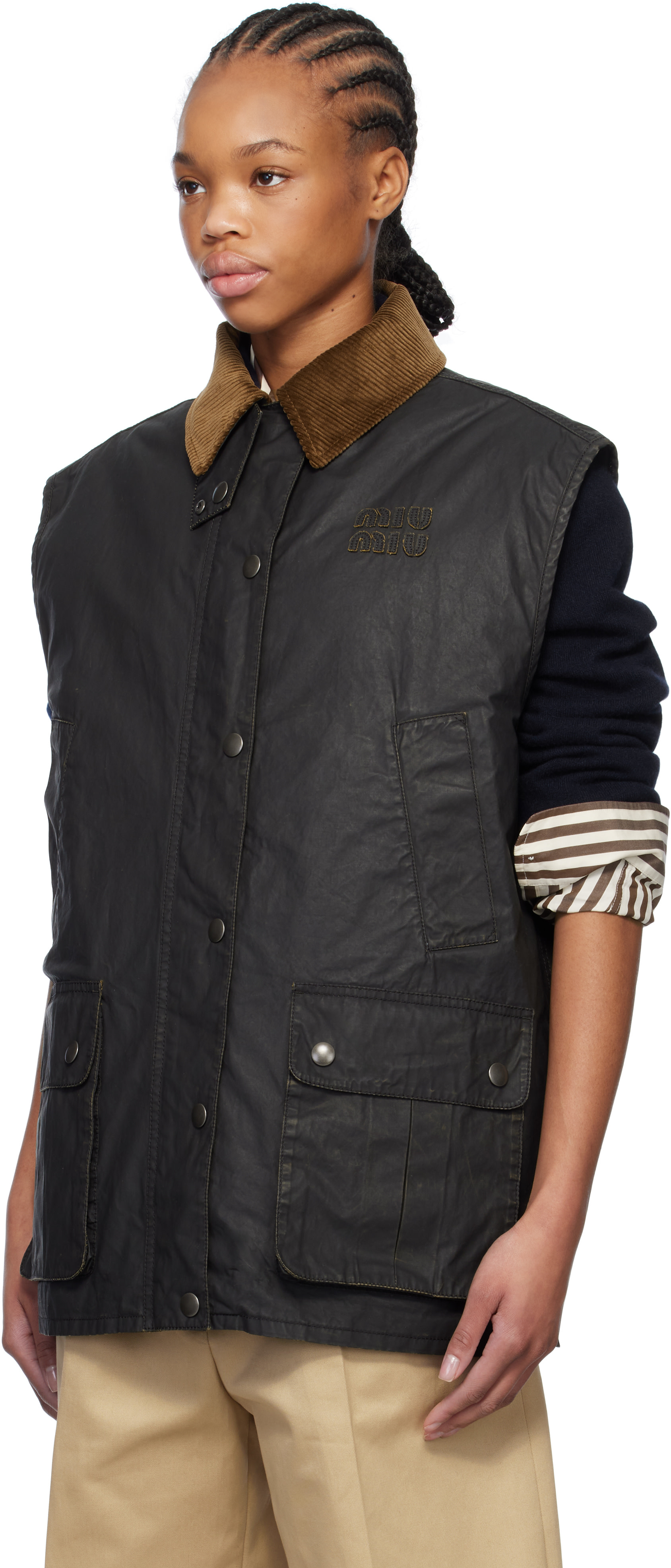 トップス 1999s Miu Miu gimmick Vest size44 Miu Miu: Black Resin-Finish Poplin Vest | SSENSE Canada