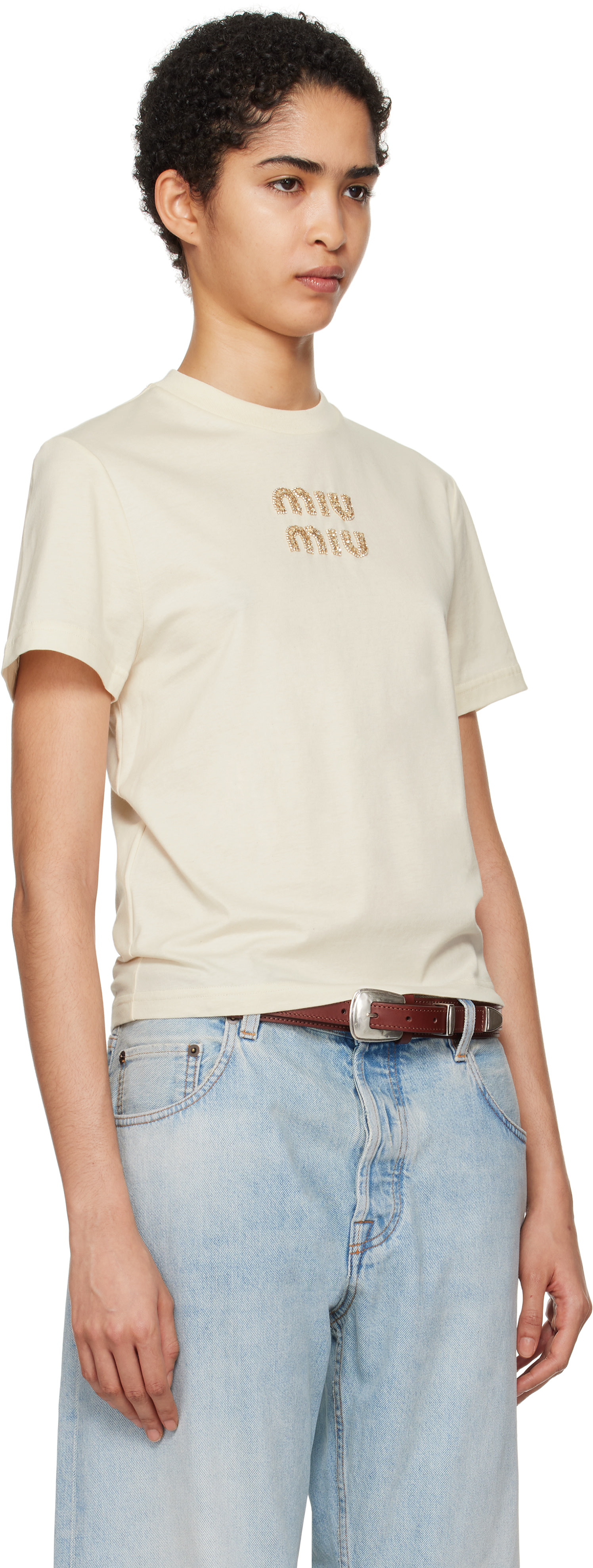 Miu Miu: Beige Jersey T-shirt | SSENSE Canada