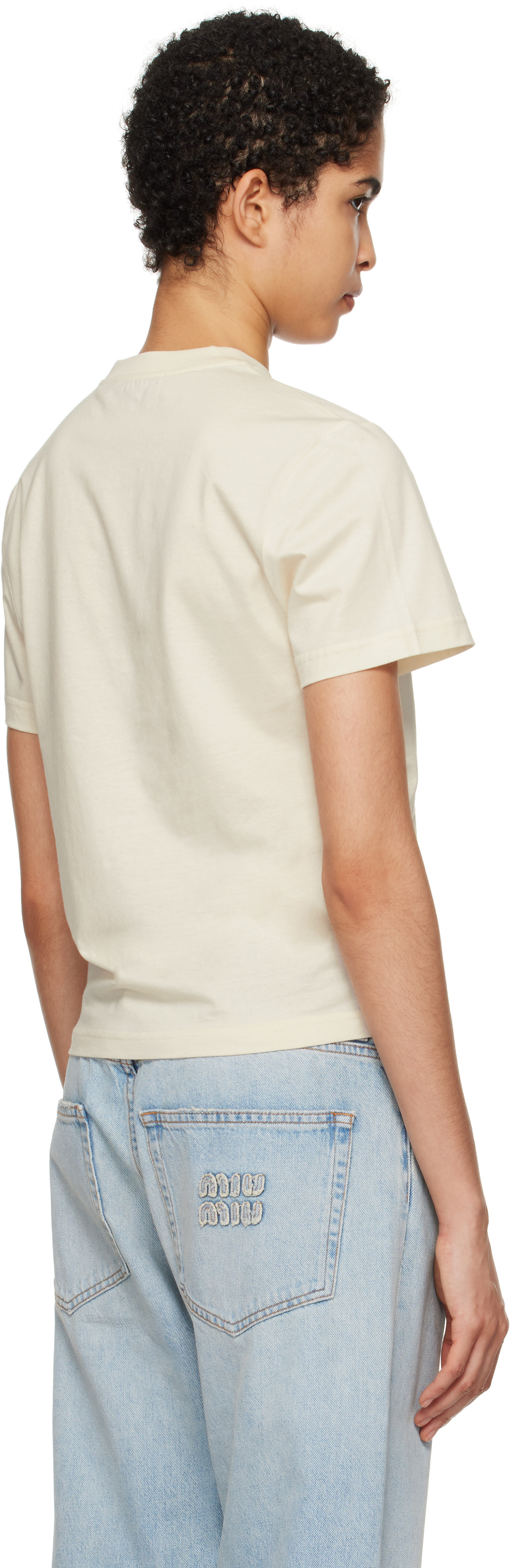 Miu Miu: Beige Jersey T-shirt | SSENSE Denmark