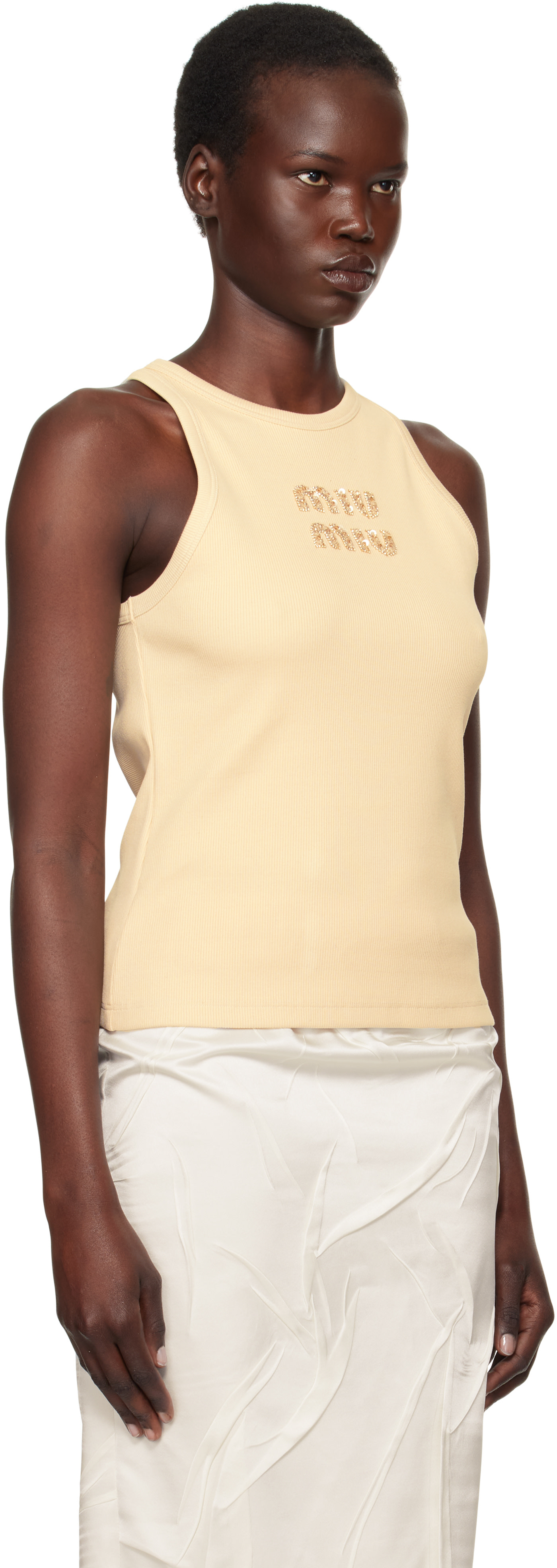 Miu Miu: Beige Embroidered Logo Ribbed Jersey Tank Top | SSENSE Canada
