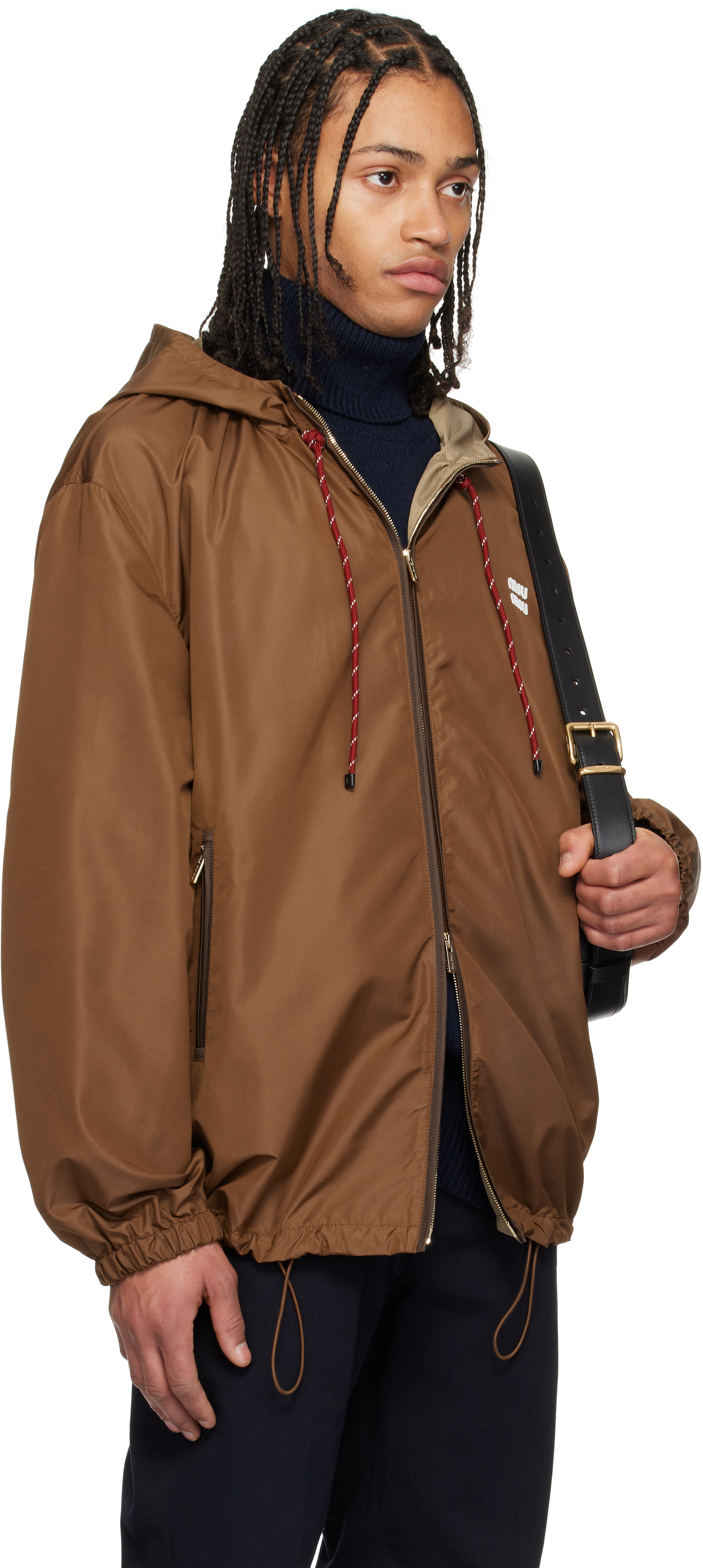miu miu ブラウン カチューシャ Miu Miu: Brown Technical Fabric Hoodie Jacket | SSENSE Canada
