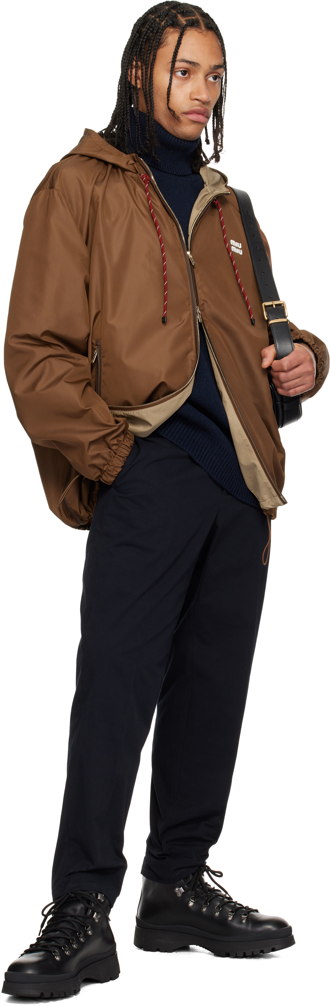 Miu Miu: Brown Technical Fabric Hoodie Jacket | SSENSE Canada