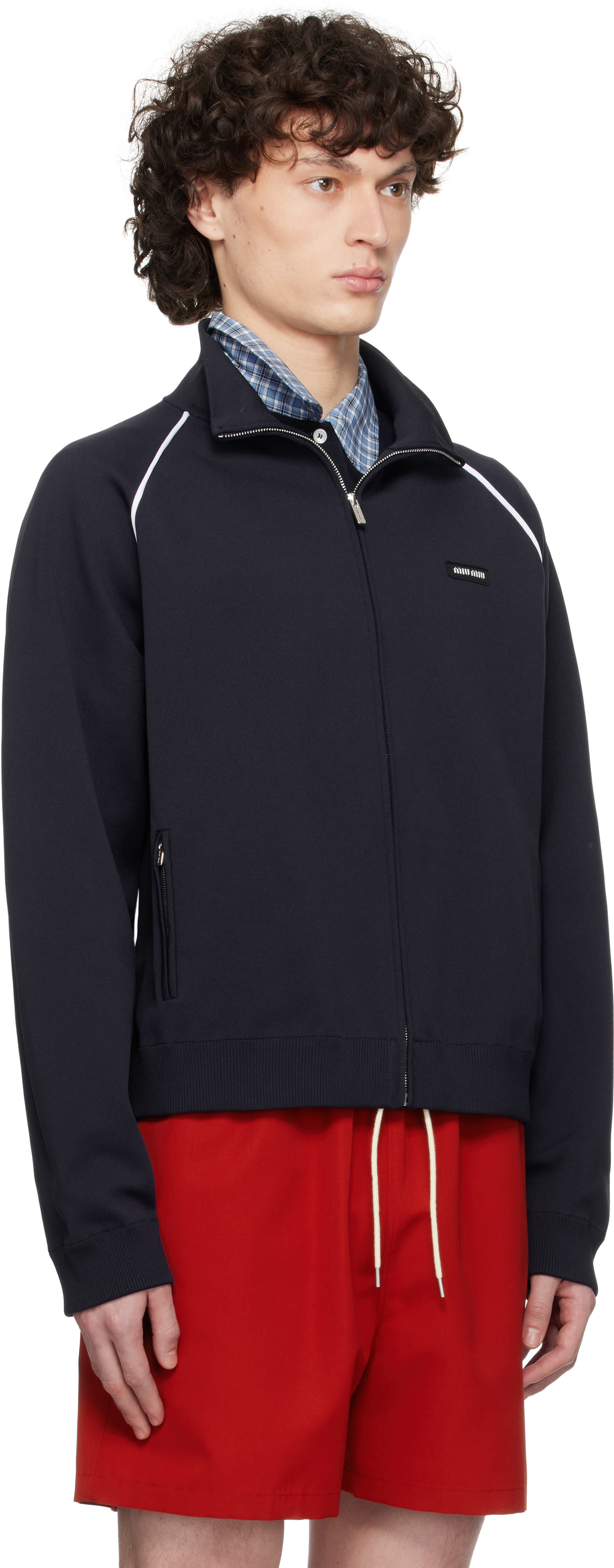 Miu Miu: Navy Technical Yarn Zipper Track Jacket | SSENSE Canada