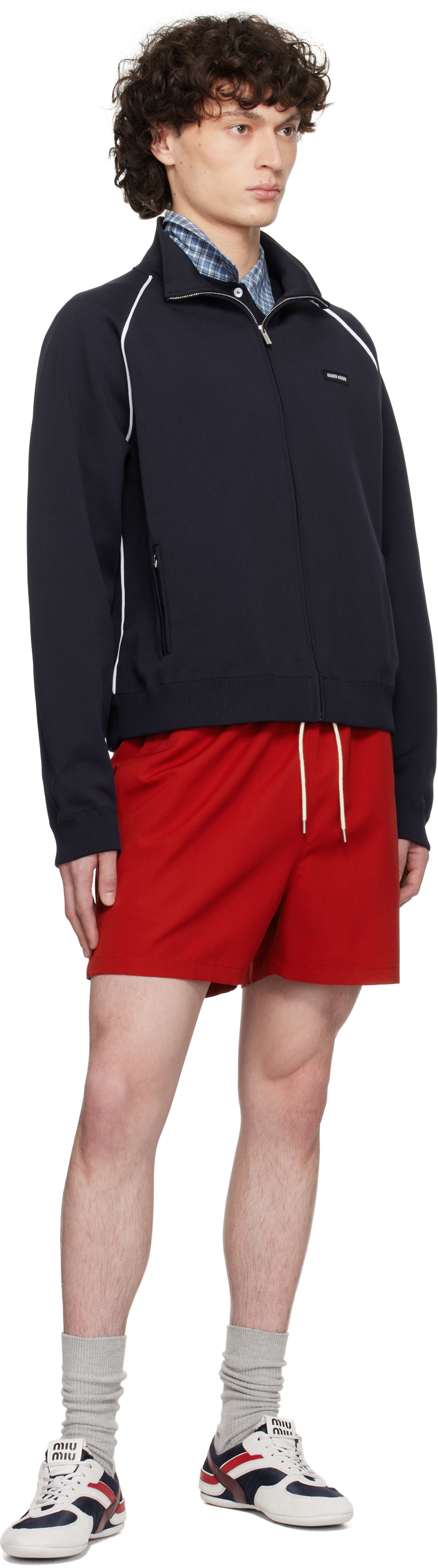 Miu Miu: Navy Technical Yarn Zipper Track Jacket | SSENSE Canada