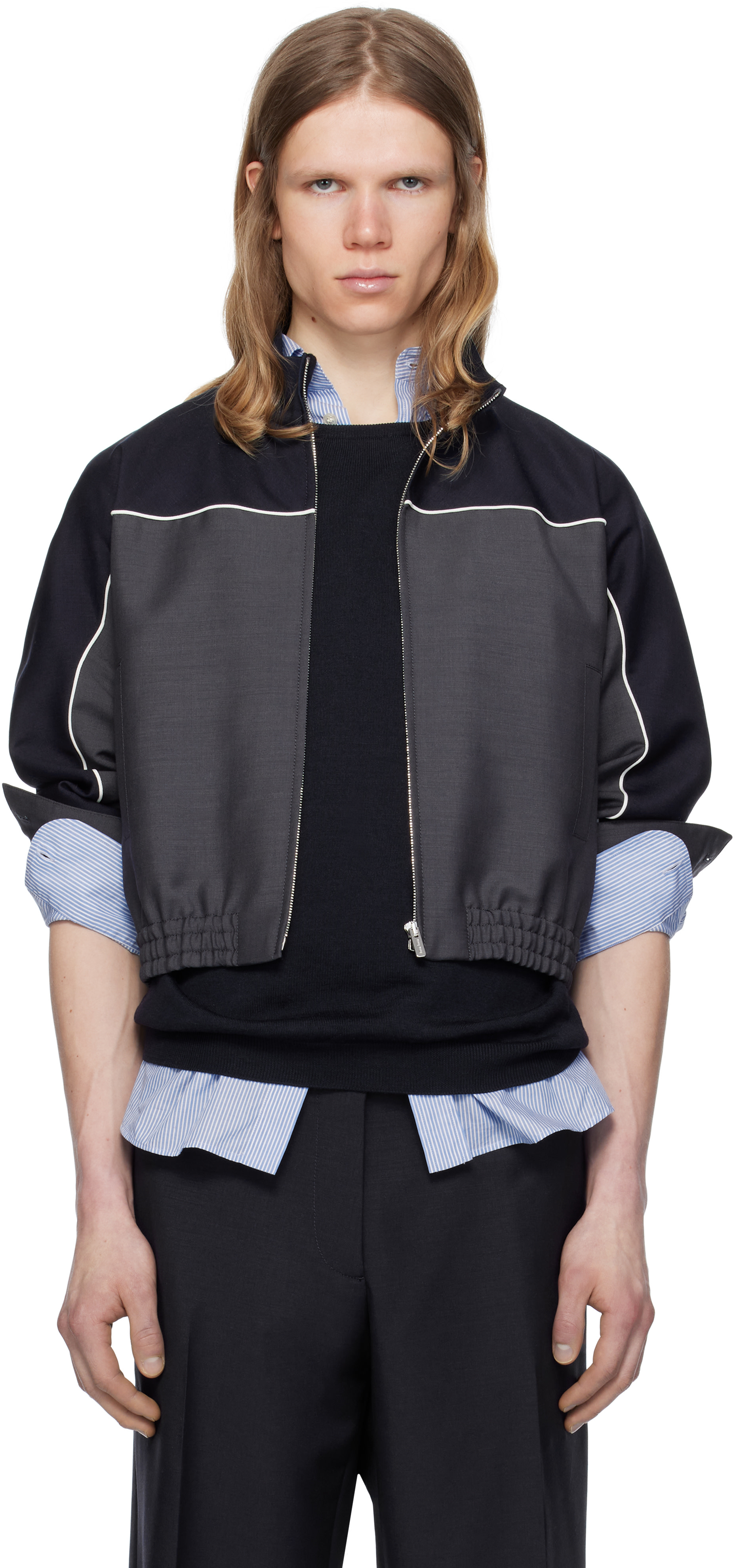 Miu Miu: Navy & Gray Kid Mohair Zipper Jacket | SSENSE Canada