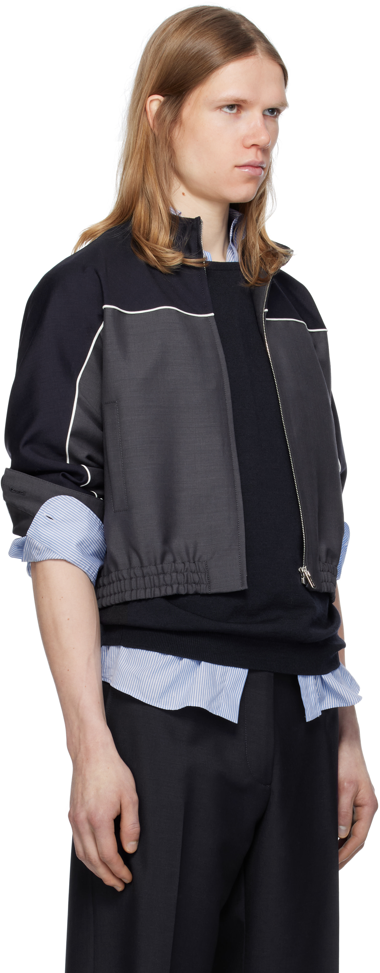 Miu Miu: Navy & Gray Kid Mohair Zipper Jacket | SSENSE Canada