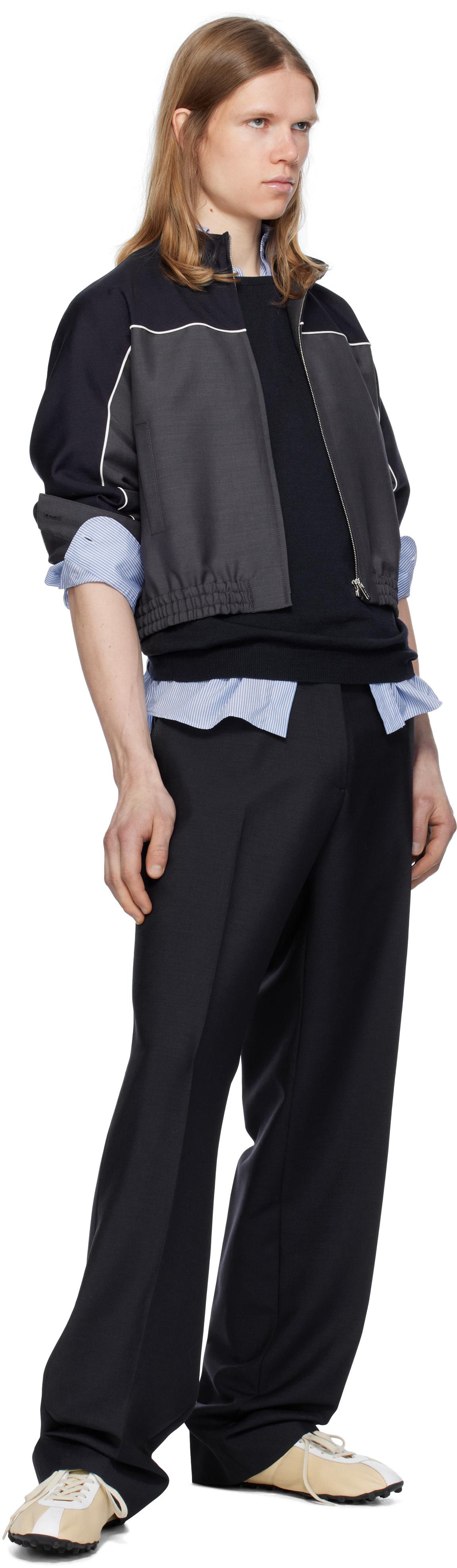 Miu Miu: Navy & Gray Kid Mohair Zipper Jacket | SSENSE Canada