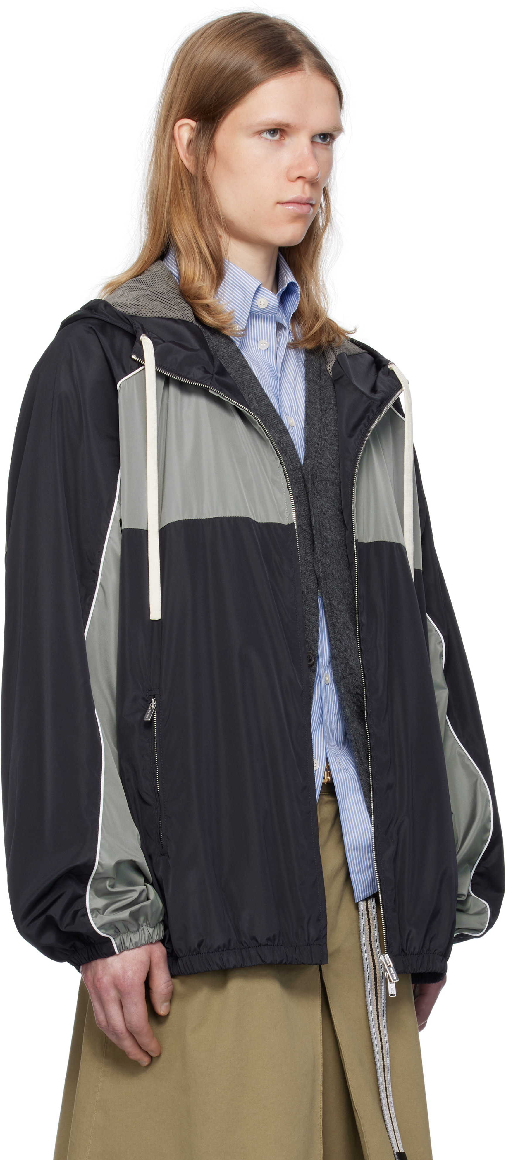 Miu Miu: Navy & Gray Technical Silk Zipper Jacket | SSENSE Canada