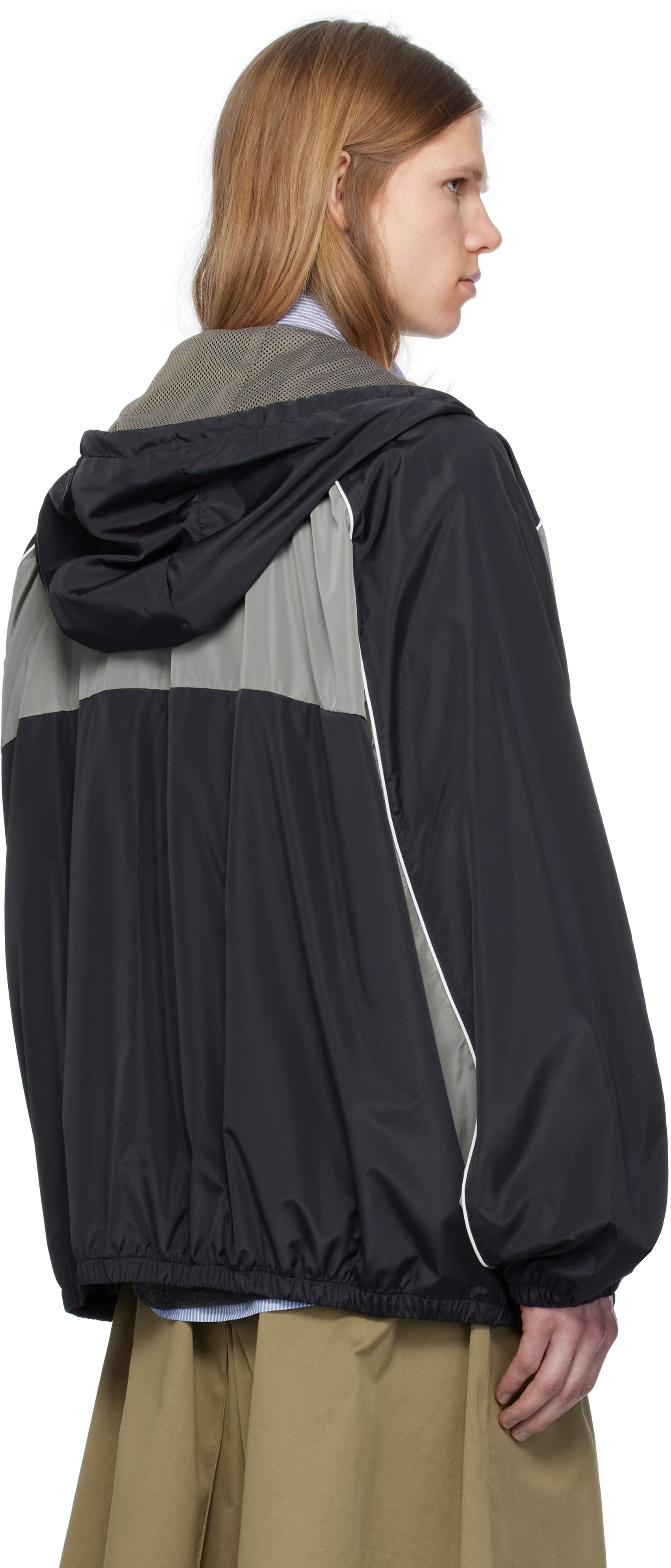 Miu Miu: Navy & Gray Technical Silk Zipper Jacket | SSENSE Canada