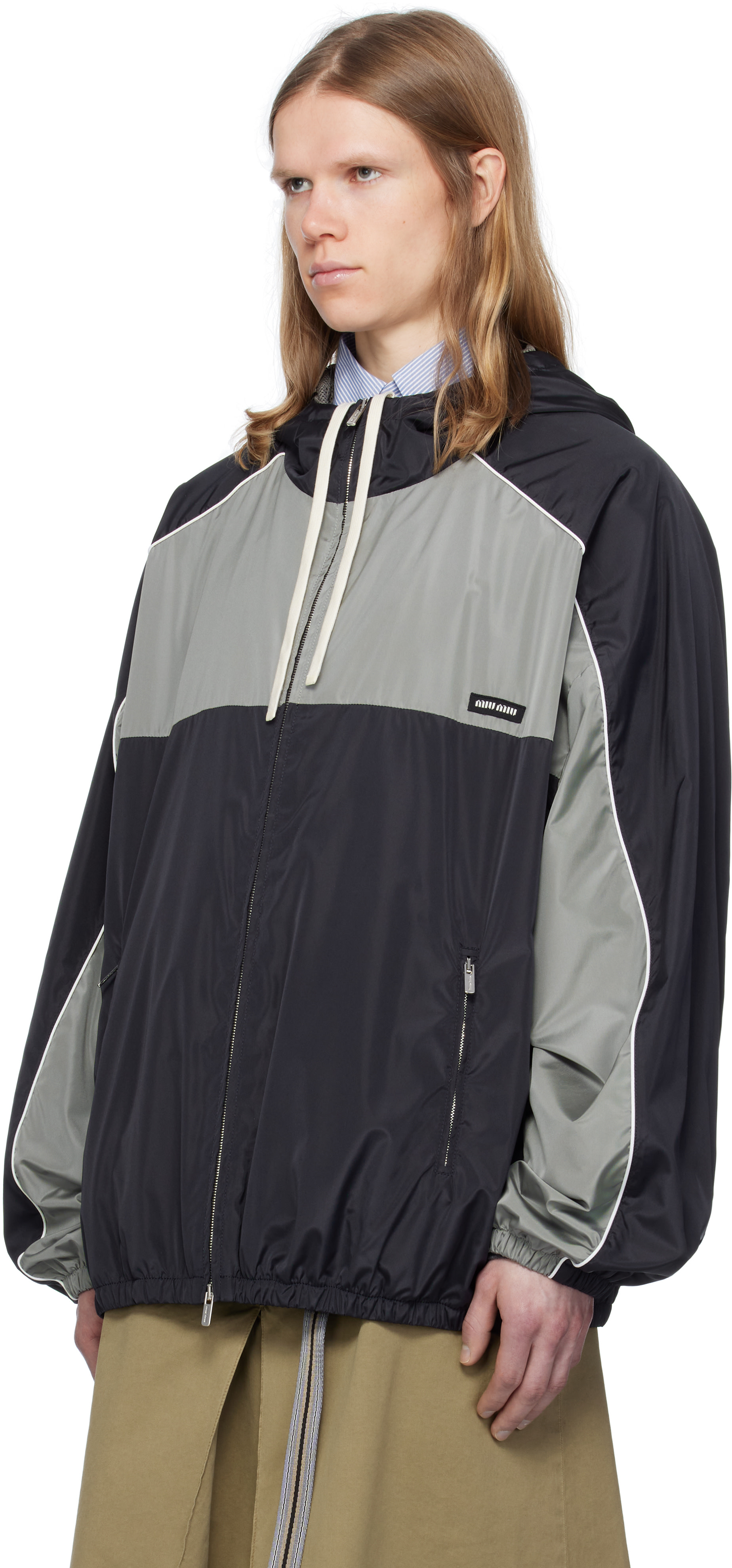 Miu Miu: Navy & Gray Technical Silk Zipper Jacket | SSENSE Canada
