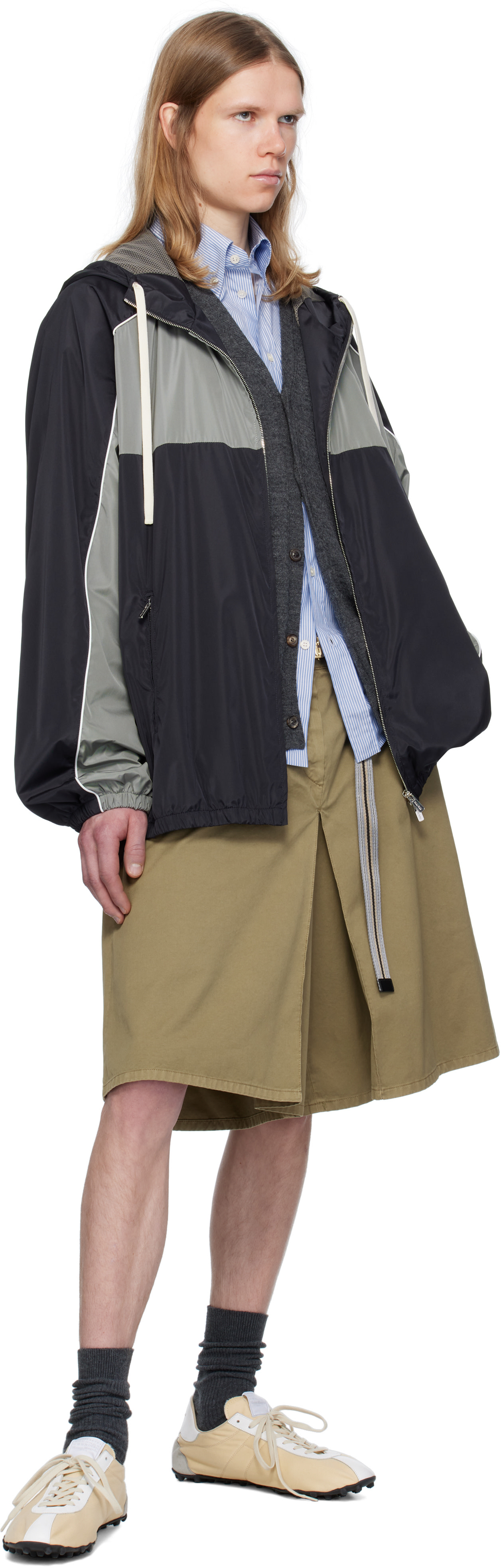 Miu Miu: Navy & Gray Technical Silk Zipper Jacket | SSENSE Canada