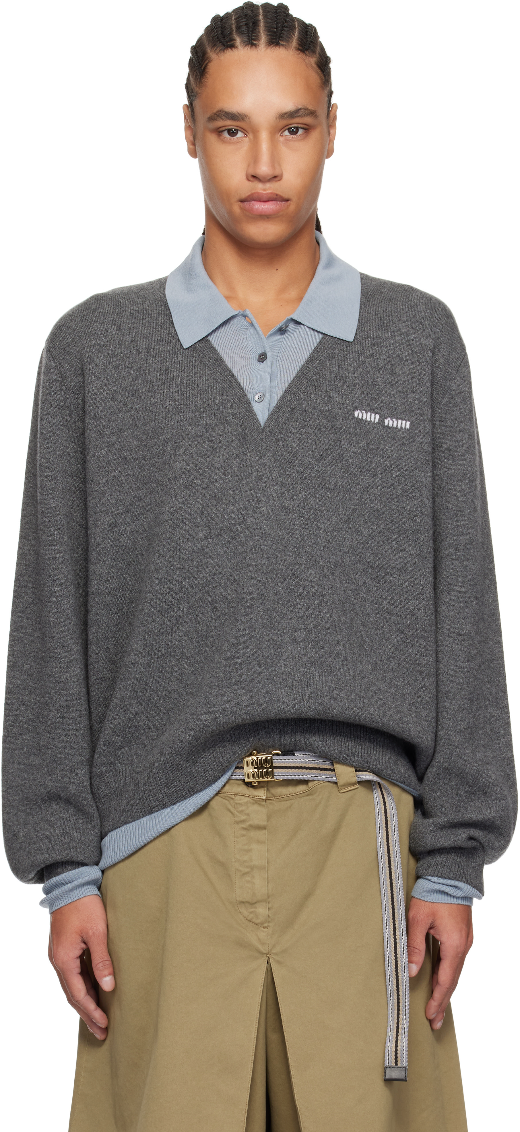 miu miu グレー ポロセーター,44 Miu Miu: Gray Cashmere & Wool Polo Sweater | SSENSE Canada