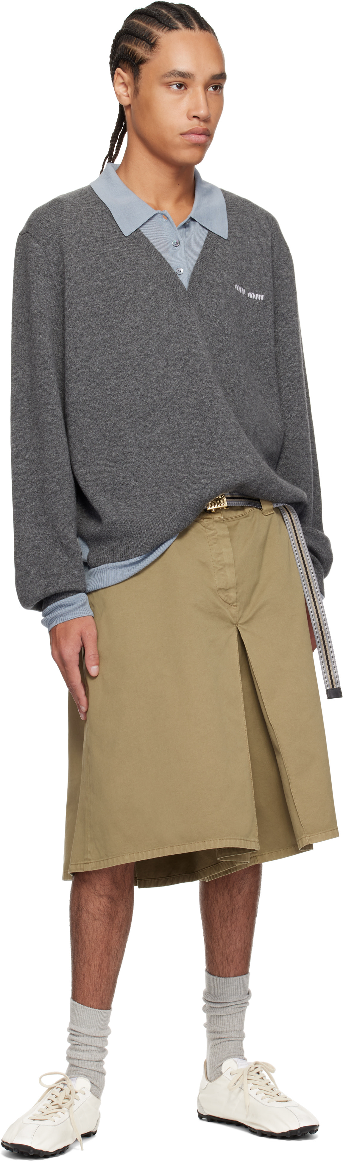 Miu Miu: Gray Cashmere & Wool Polo Sweater | SSENSE Canada