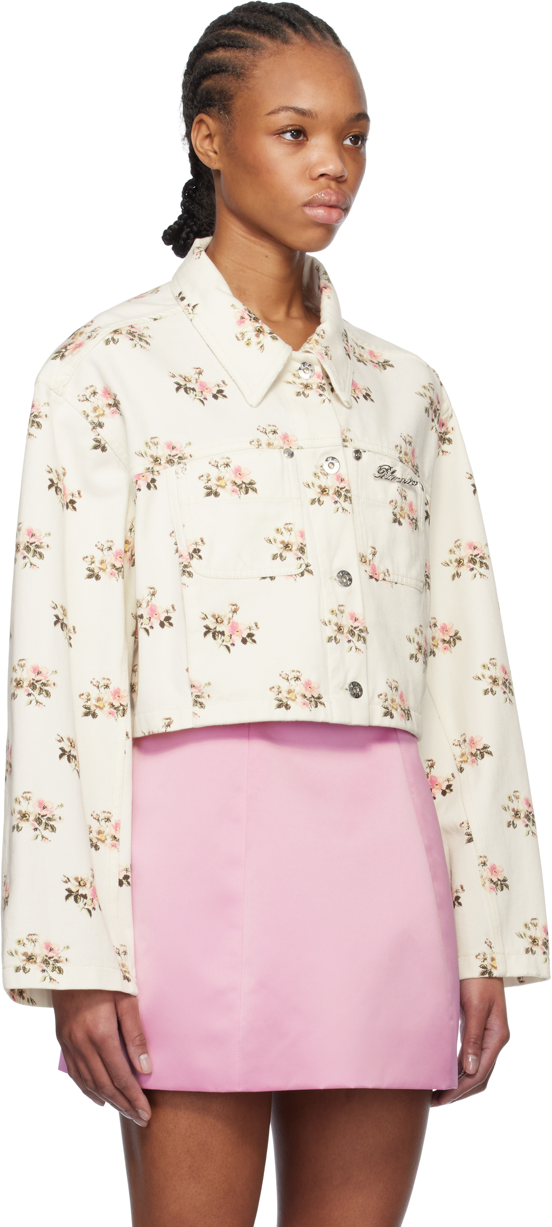 Blumarine: White & Pink Floral Print Rhinestone Pin Denim Jacket