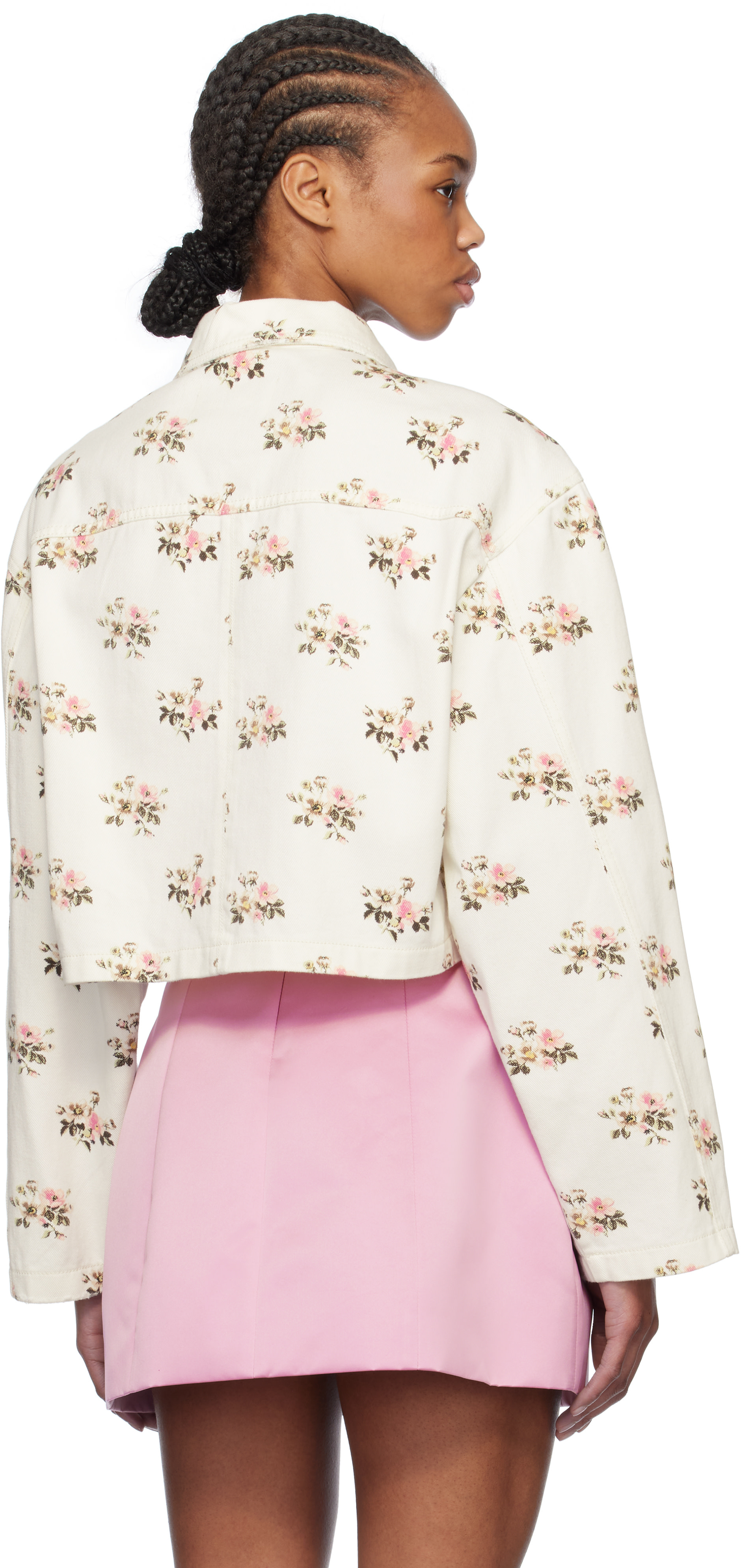 ブルマリン　アウター Blumarine: White & Pink Floral Print Rhinestone Pin Denim Jacket