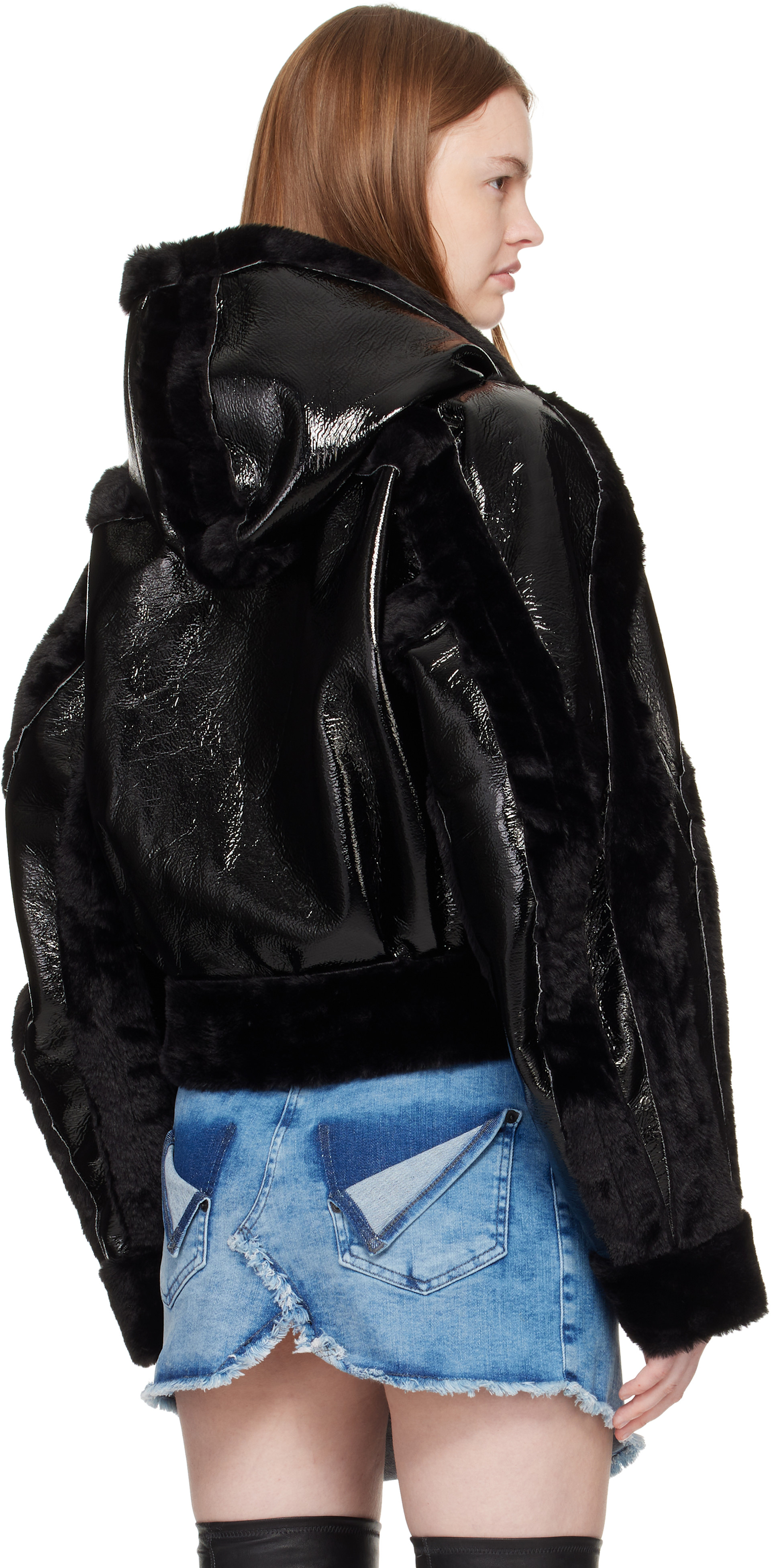 Ottolinger: Black Fitted Multiline Faux-Fur Jacket | SSENSE