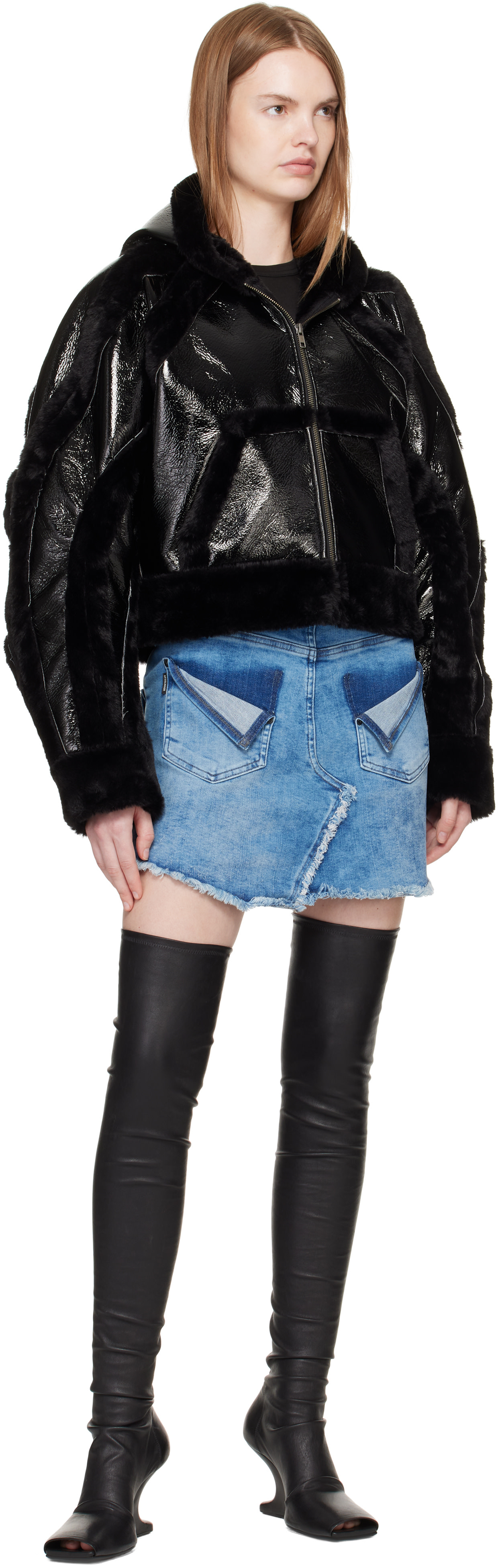 Ottolinger: Black Fitted Multiline Faux-Fur Jacket | SSENSE