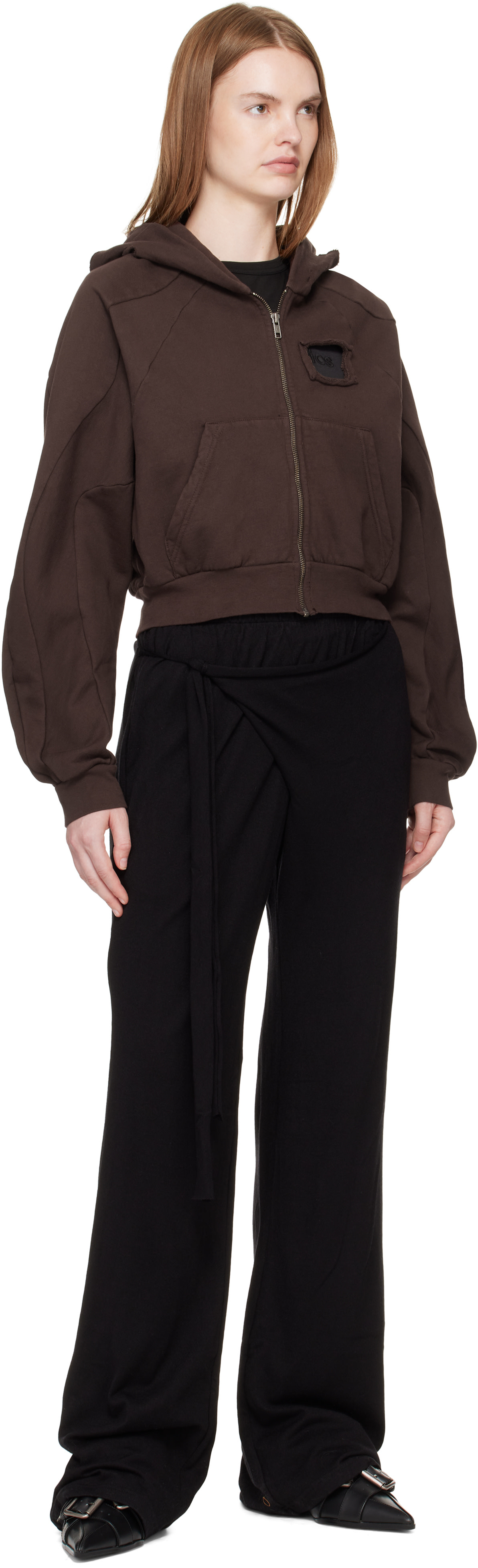 Ottolinger: Brown Distressed Multiline Zip Hoodie | SSENSE United