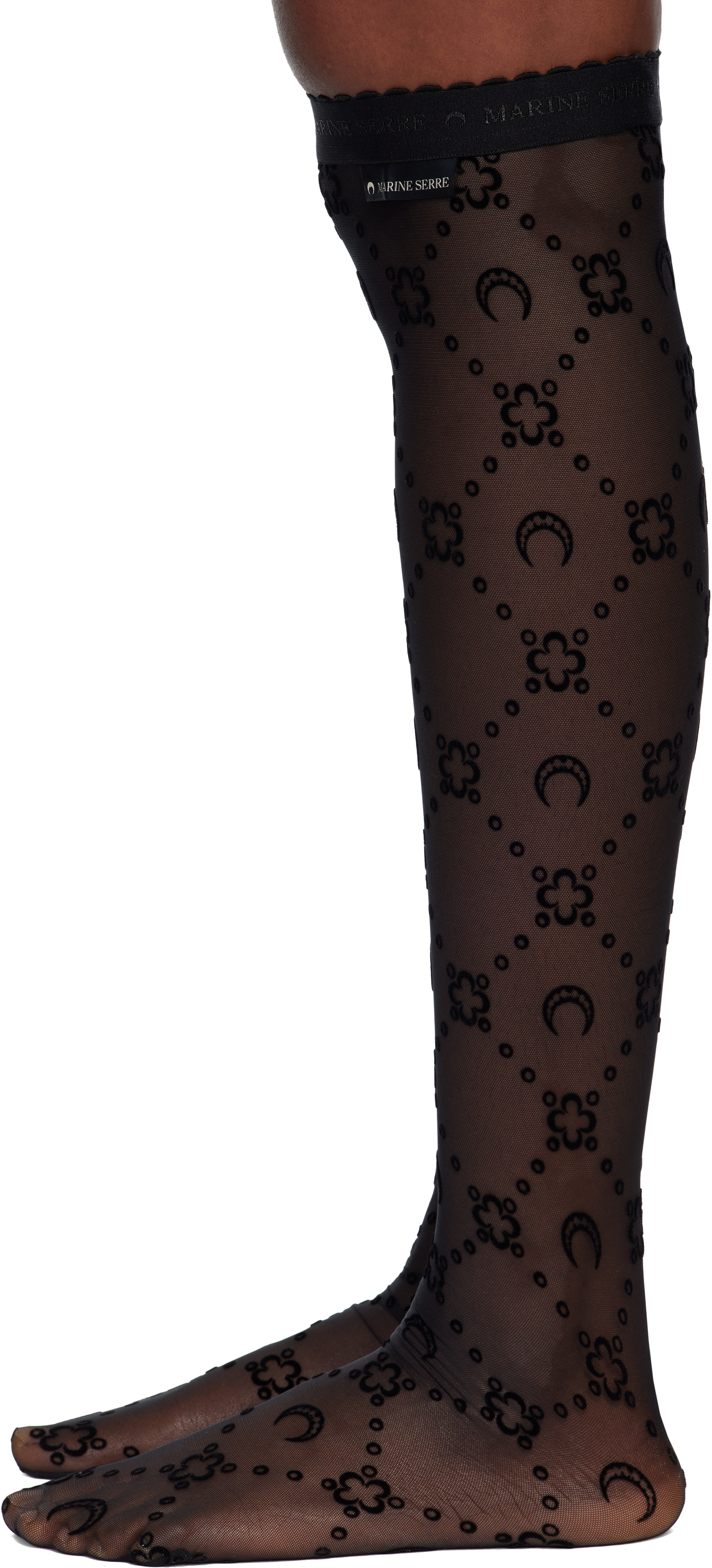 Marine Serre: Black Moonogram Mesh Flock Long Socks | SSENSE
