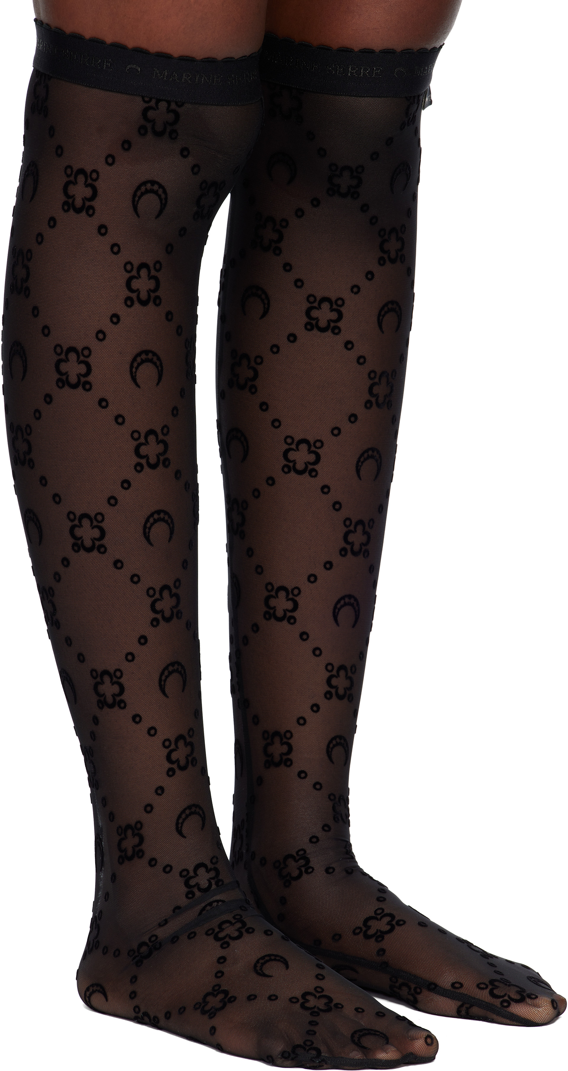 Marine Serre: Black Moonogram Mesh Flock Long Socks | SSENSE