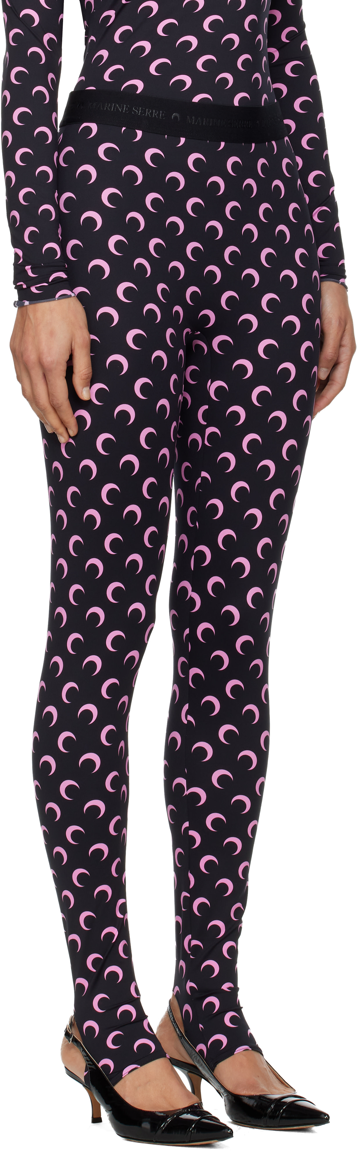 Marine Serre: Black Recycled Moon Jersey Stirrup Leggings | SSENSE