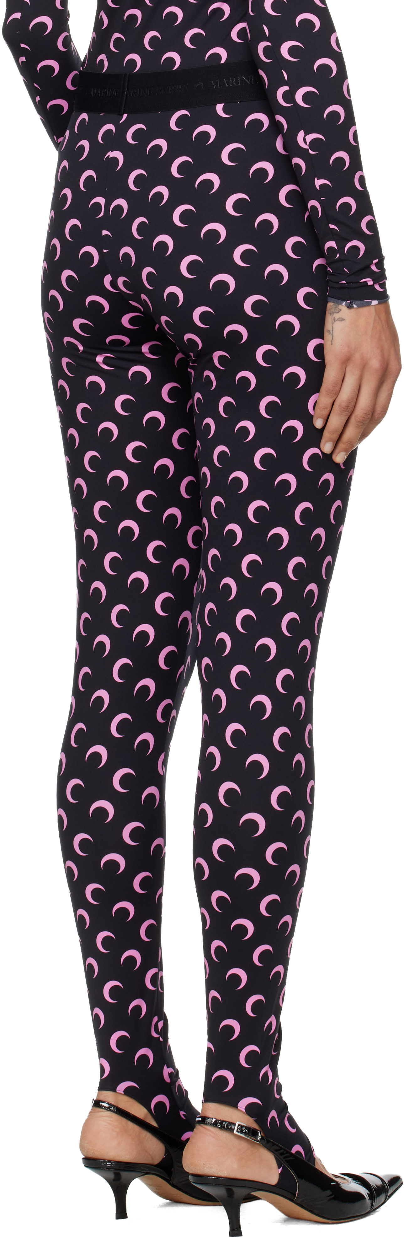 Marine Serre: Black Recycled Moon Jersey Stirrup Leggings | SSENSE