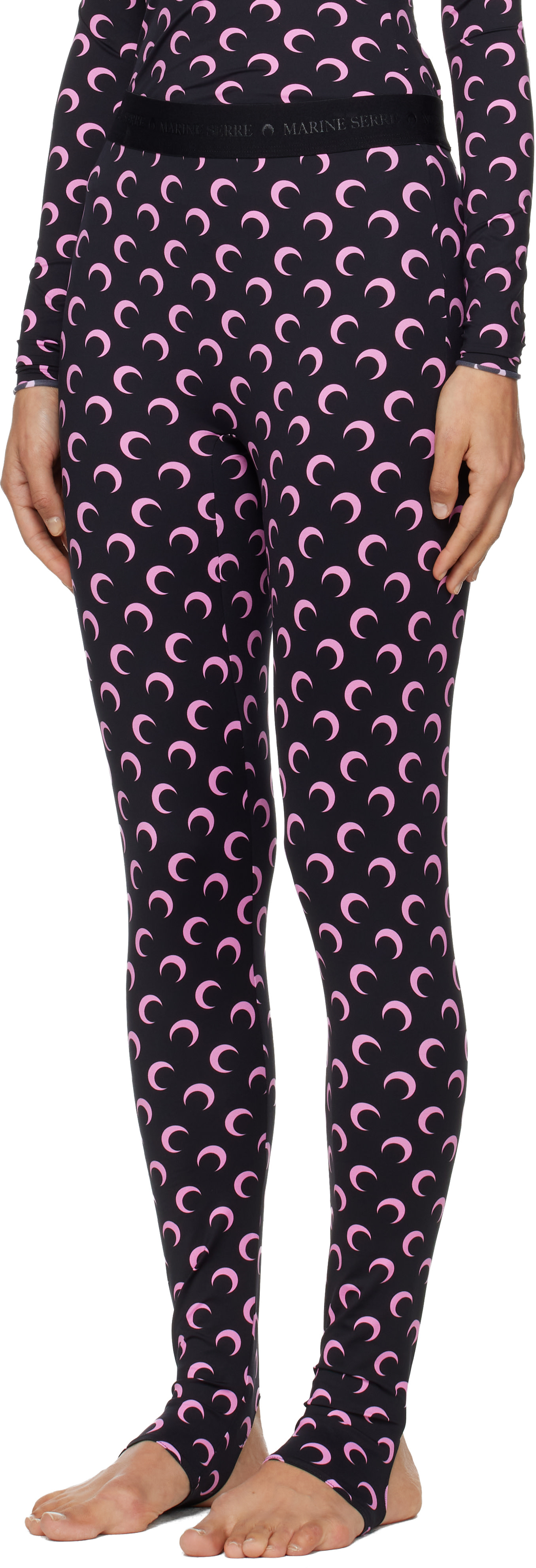 Marine Serre: Black Recycled Moon Jersey Stirrup Leggings | SSENSE
