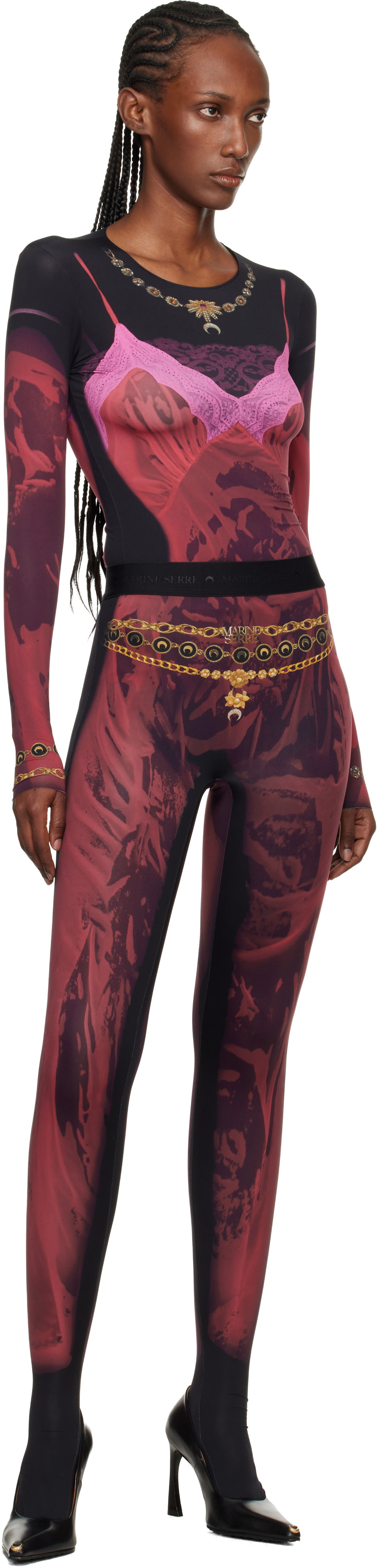 Marine Serre: Red & Black Wet Nuisette Printed Jersey Leggings