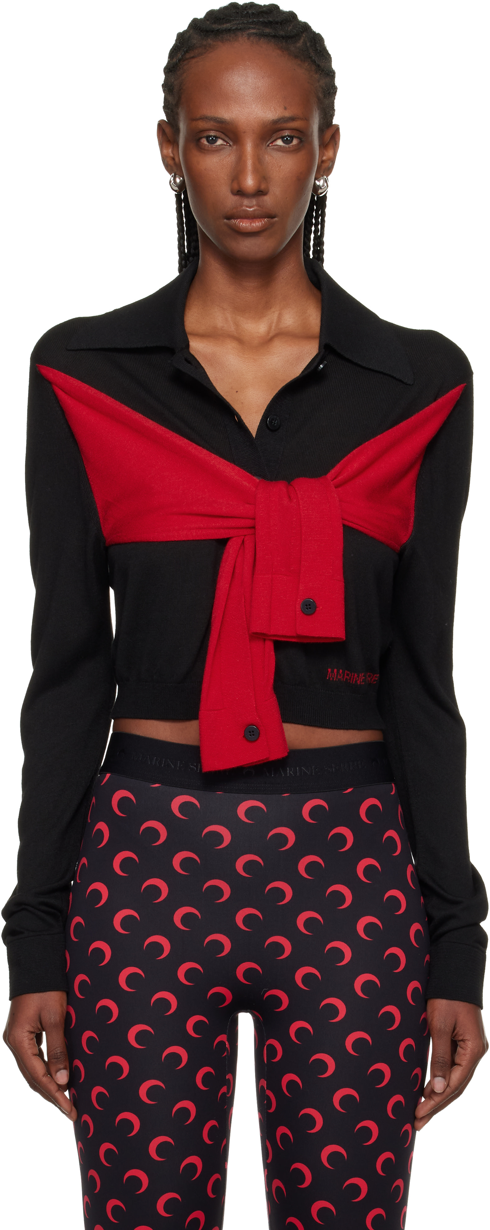 Marine Serre: Black Hybrid Knit Wrapped Cardigan | SSENSE