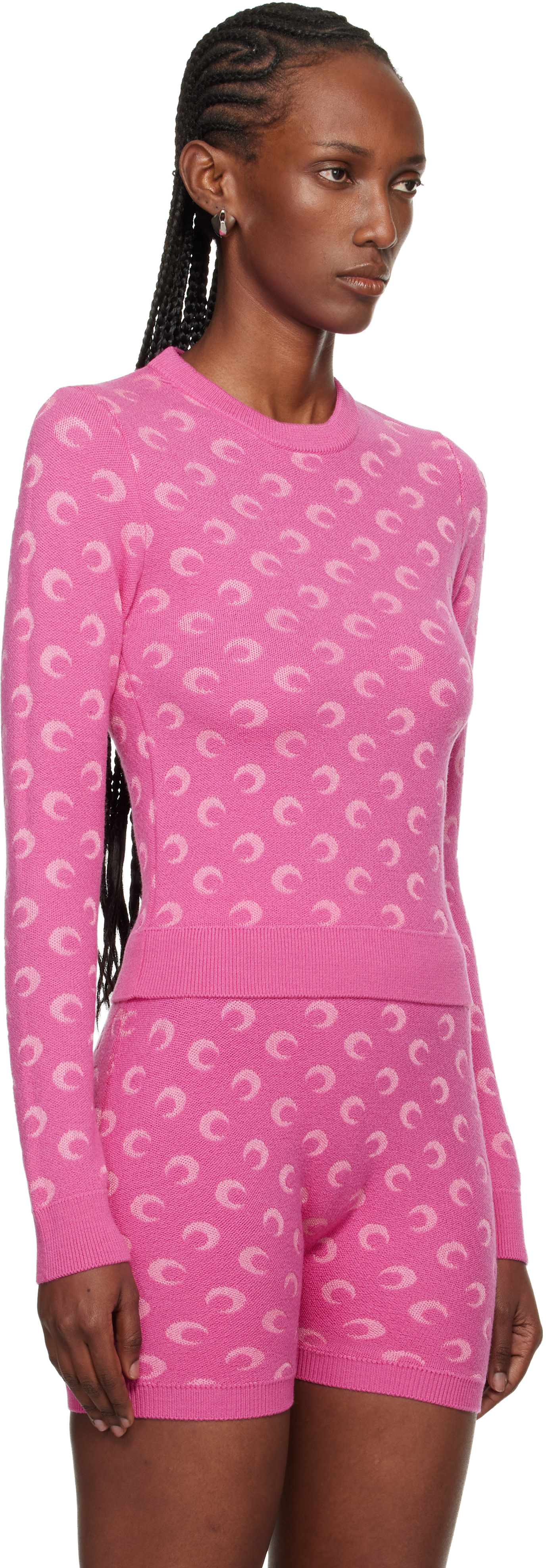 Marine Serre: Pink Moon Jacquard Knit Fitted Crewneck Sweater | SSENSE