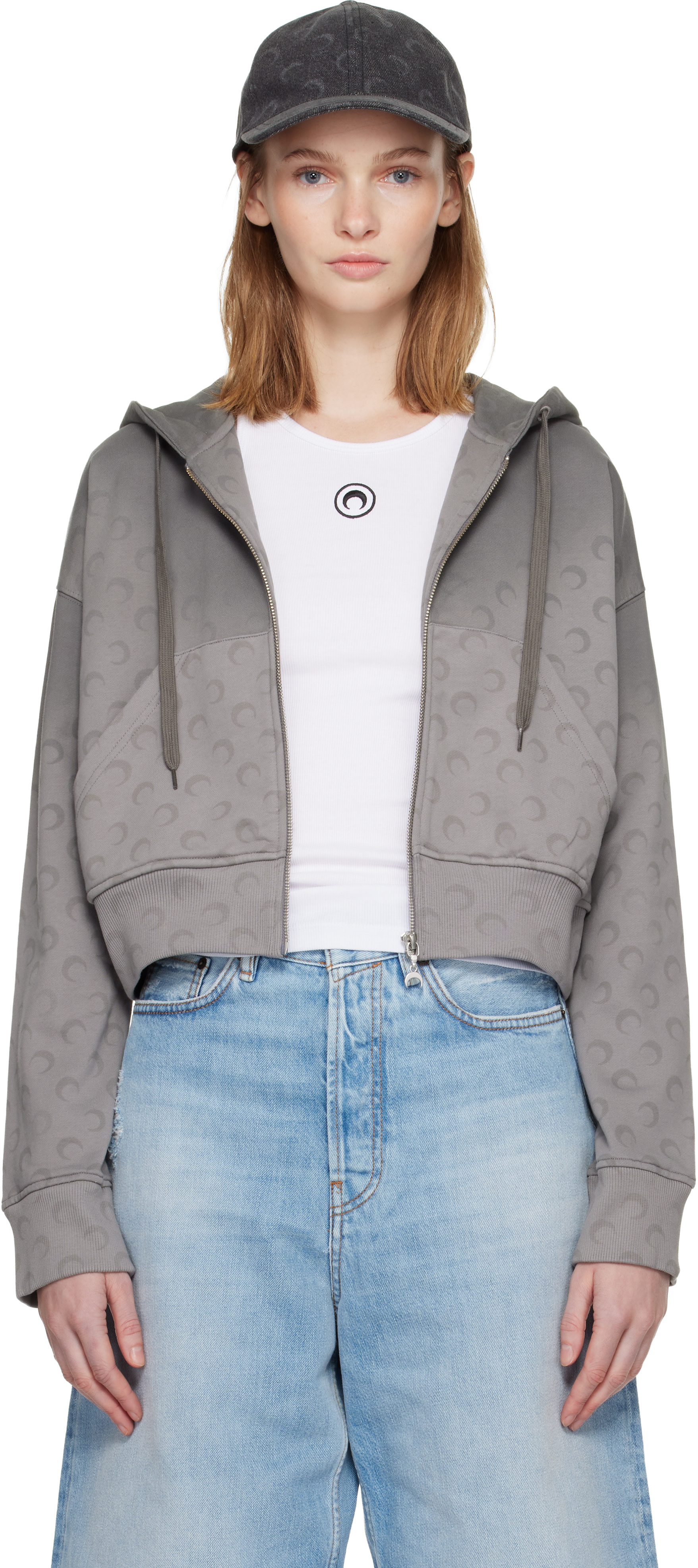 Marine Serre: Gray Faded Moon Fleece Cropped Zipped Hoodie | SSENSE