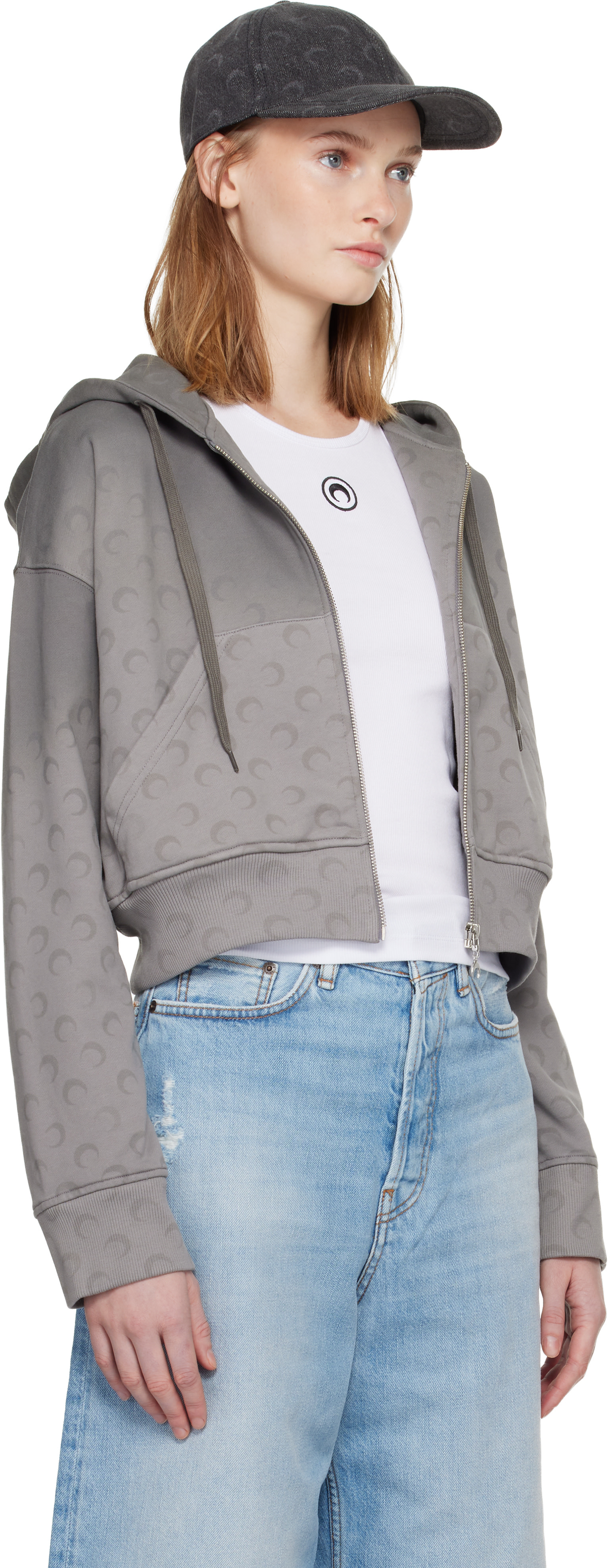 Marine Serre: Gray Faded Moon Fleece Cropped Zipped Hoodie | SSENSE