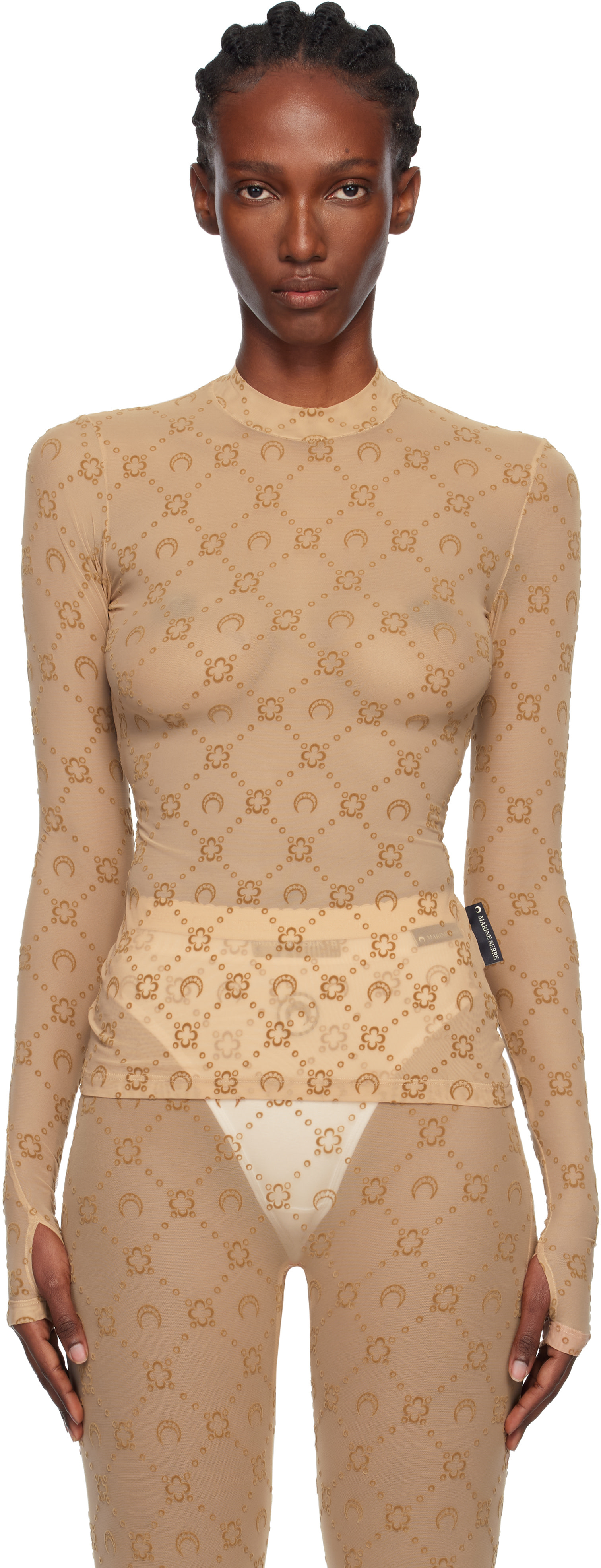 Marine Serre: Tan Recycled Mesh Flock Second Skin Highneck Top
