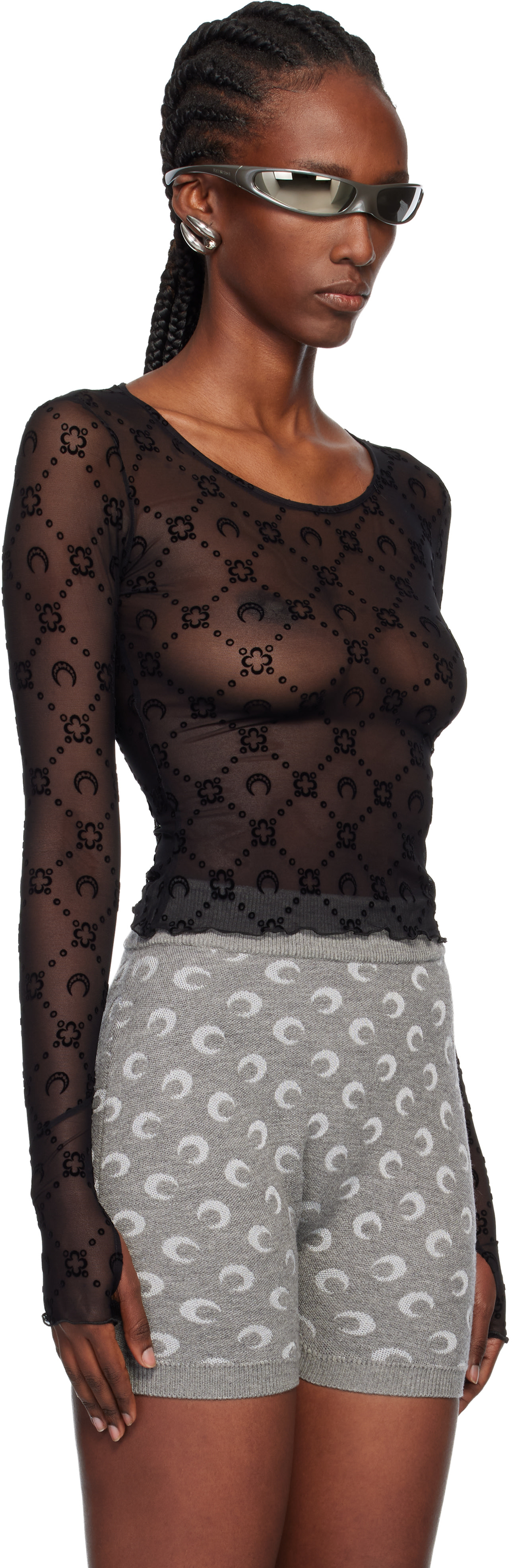 Marine Serre: Black Moonogram Mesh Flock LS Cropped Top | SSENSE