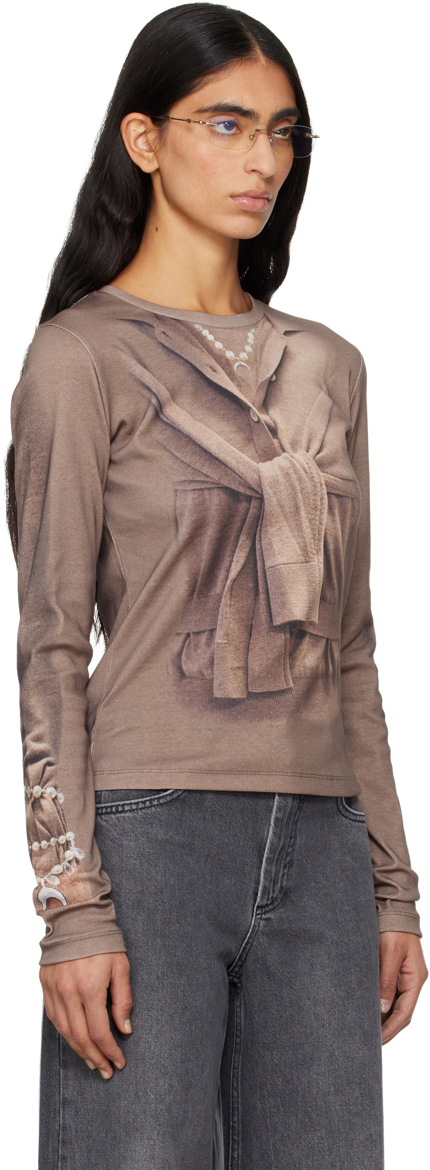 Marine Serre: Beige Trompe-L'Oeil Knit Jersey LS T-shirt | SSENSE