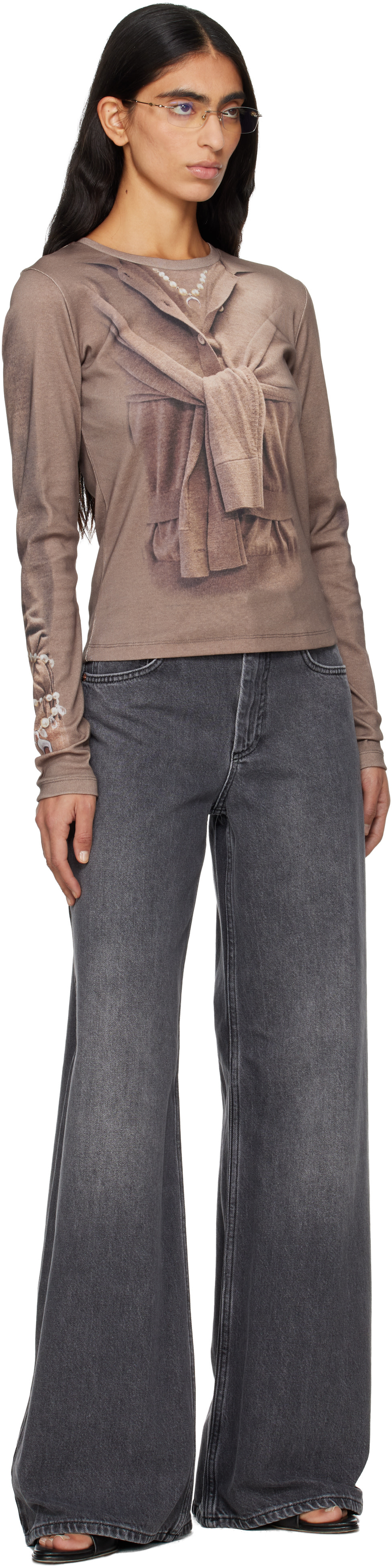Marine Serre: Beige Trompe-L'Oeil Knit Jersey LS T-shirt | SSENSE