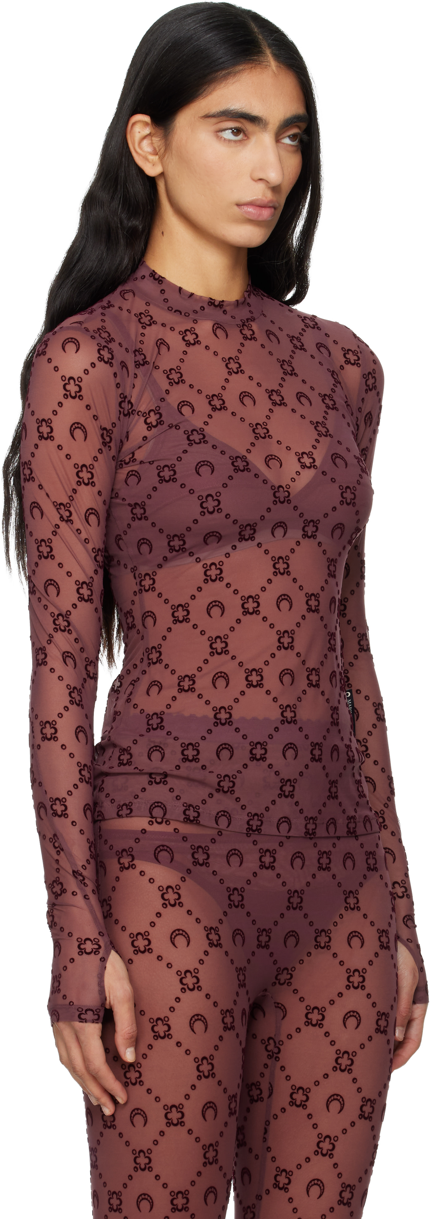 Marine Serre: Burgundy Moonogram Mesh Flock T-shirt | SSENSE