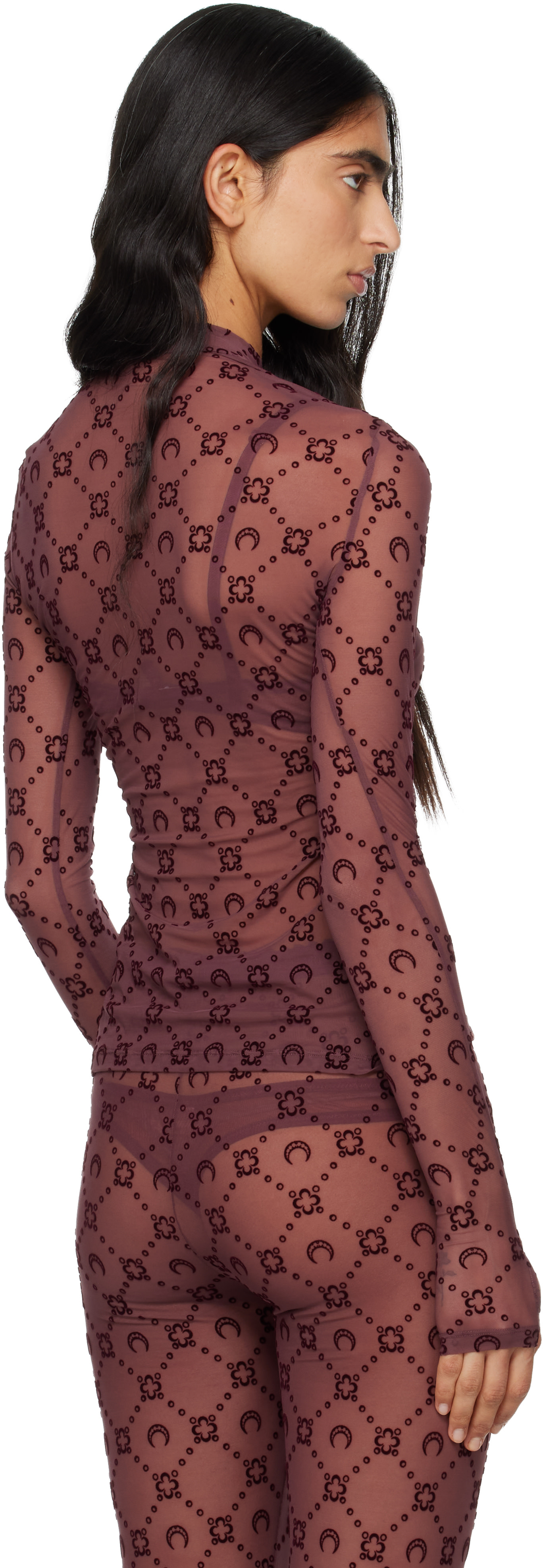 Marine Serre: Burgundy Moonogram Mesh Flock T-shirt | SSENSE