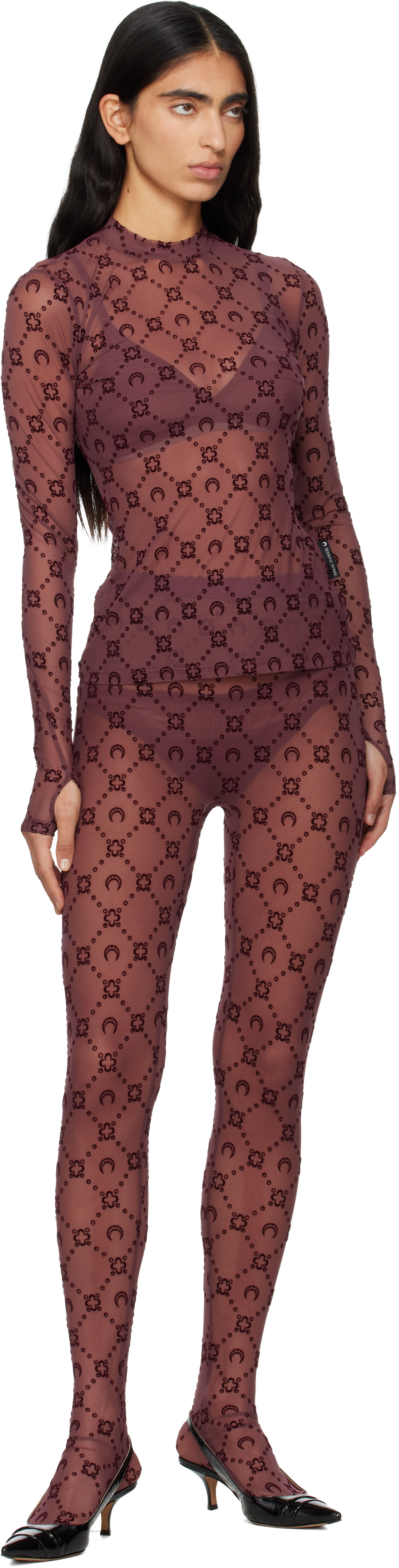 Marine Serre: Burgundy Moonogram Mesh Flock T-shirt | SSENSE