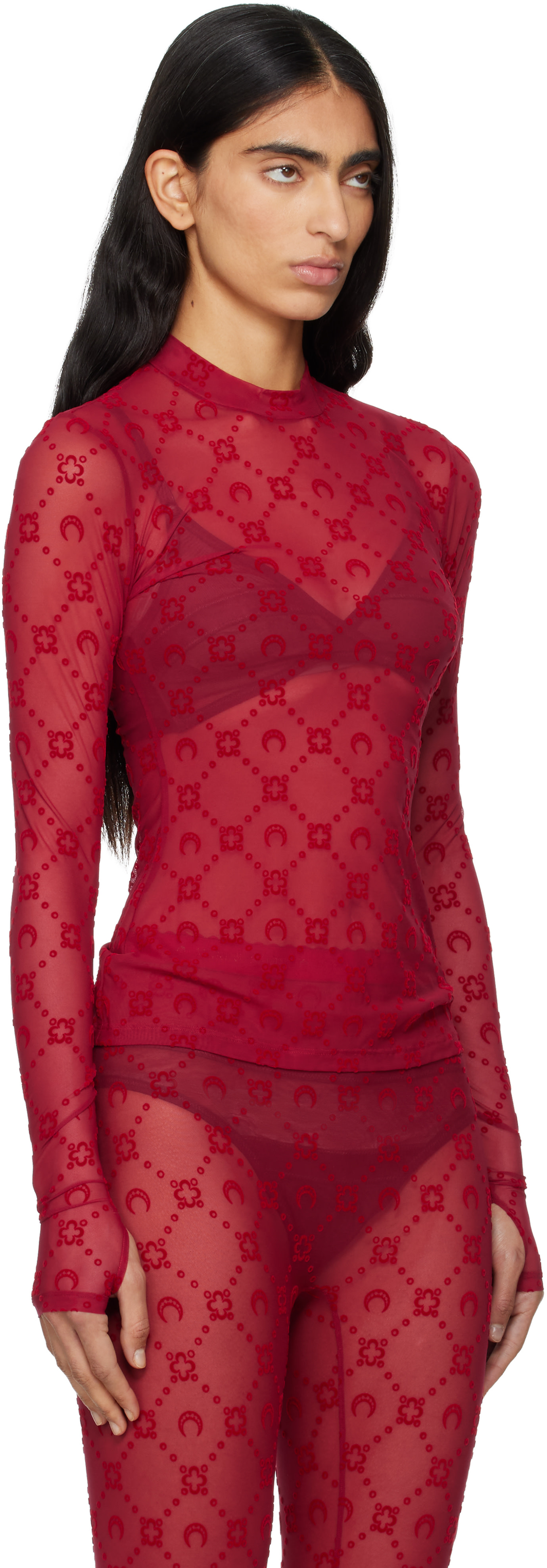 Marine Serre: Red Moonogram Mesh Flock T-shirt | SSENSE