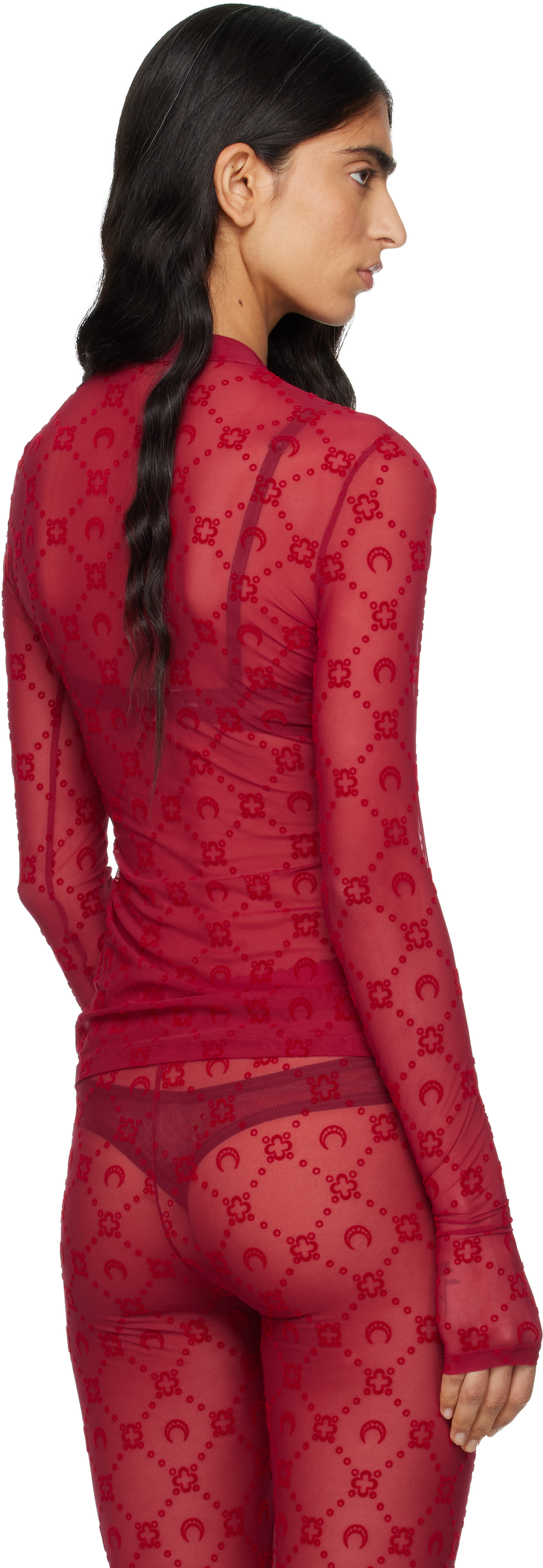 MARINE SERRE メッシュトップス Marine Serre: Red Moonogram Mesh Flock T-shirt | SSENSE