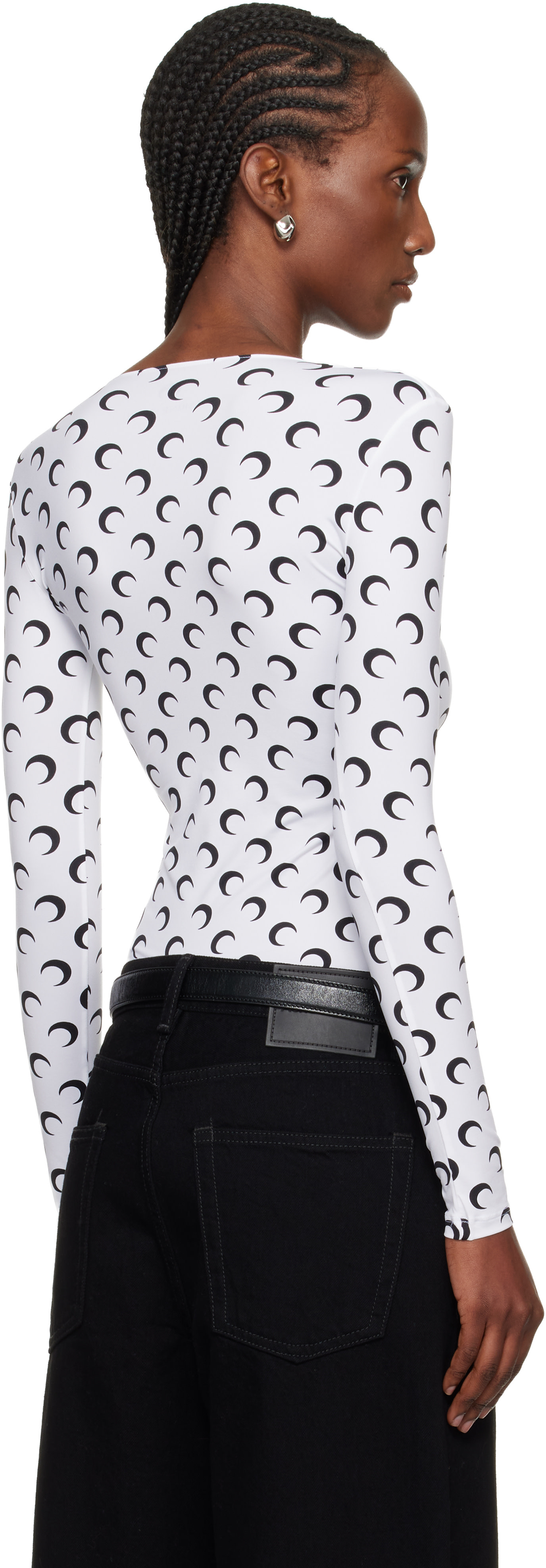 Marine Serre: White Moon Printed Jersey LS Squareneck T-shirt | SSENSE