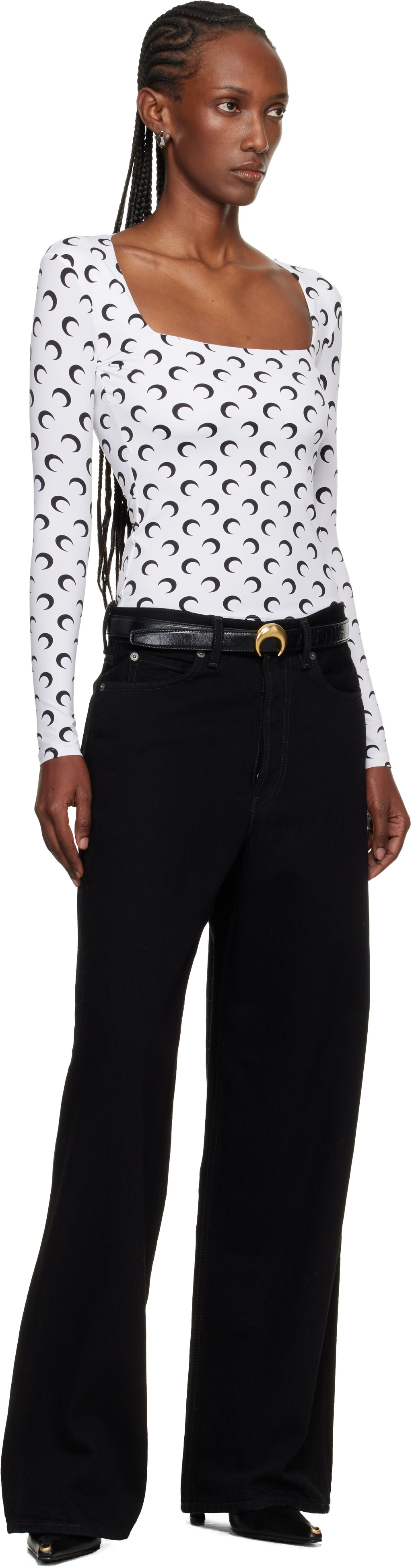 Marine Serre: White Moon Printed Jersey LS Squareneck T-shirt | SSENSE