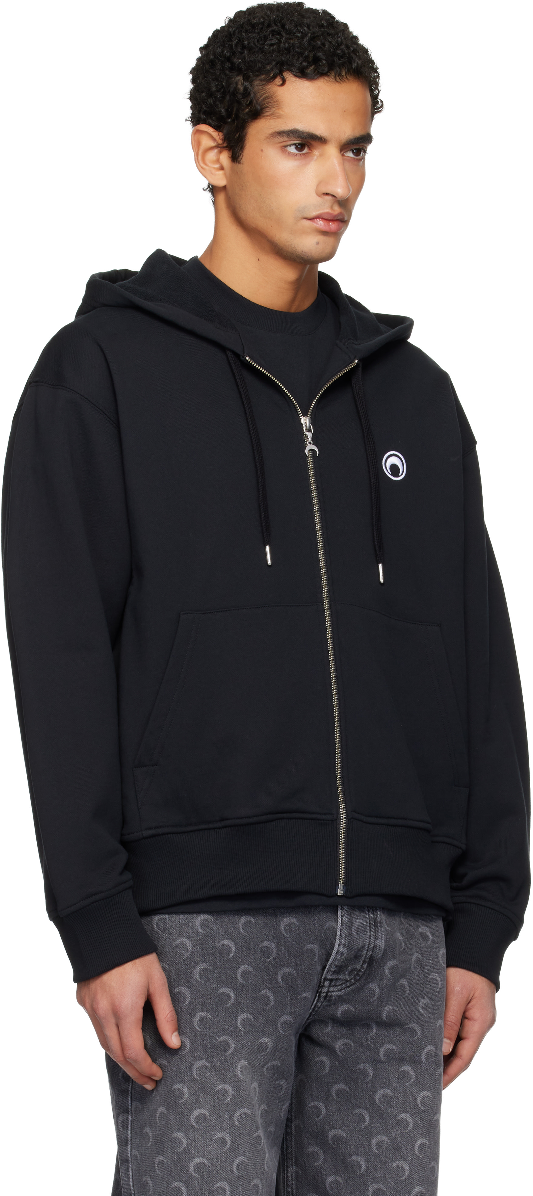 Marine Serre: Black Moon Logo Zipped Hoodie | SSENSE