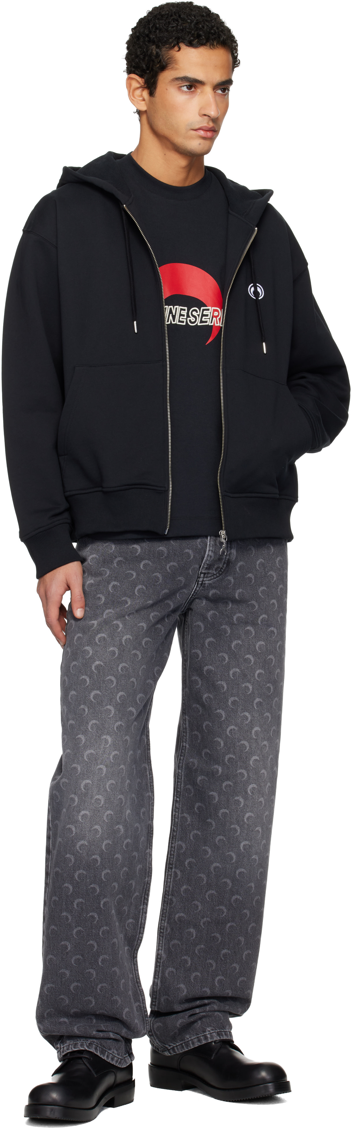 Marine Serre: Black Moon Logo Zipped Hoodie | SSENSE