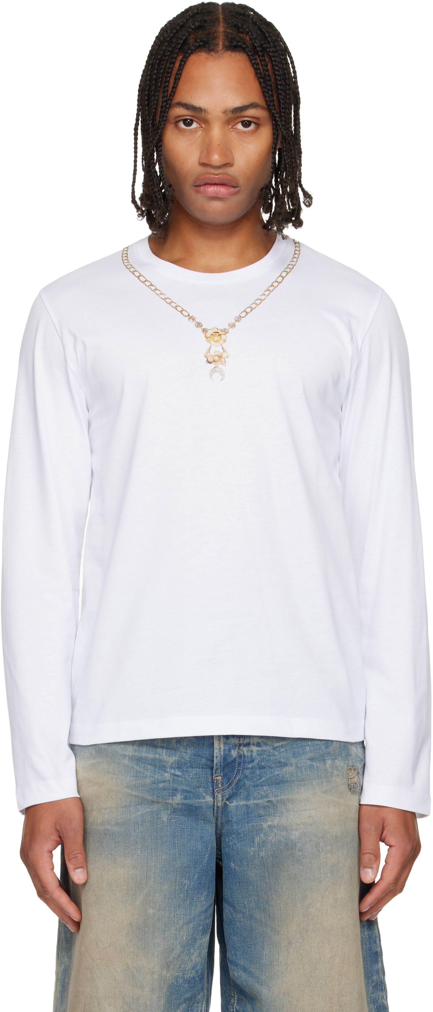 Marine Serre: White Trompe L'Œil Jewelry Jersey LS T-Shirt | SSENSE Marine Serre: White Trompe L'Œil Jewelry Jersey LS T-Shirt | SSENSE