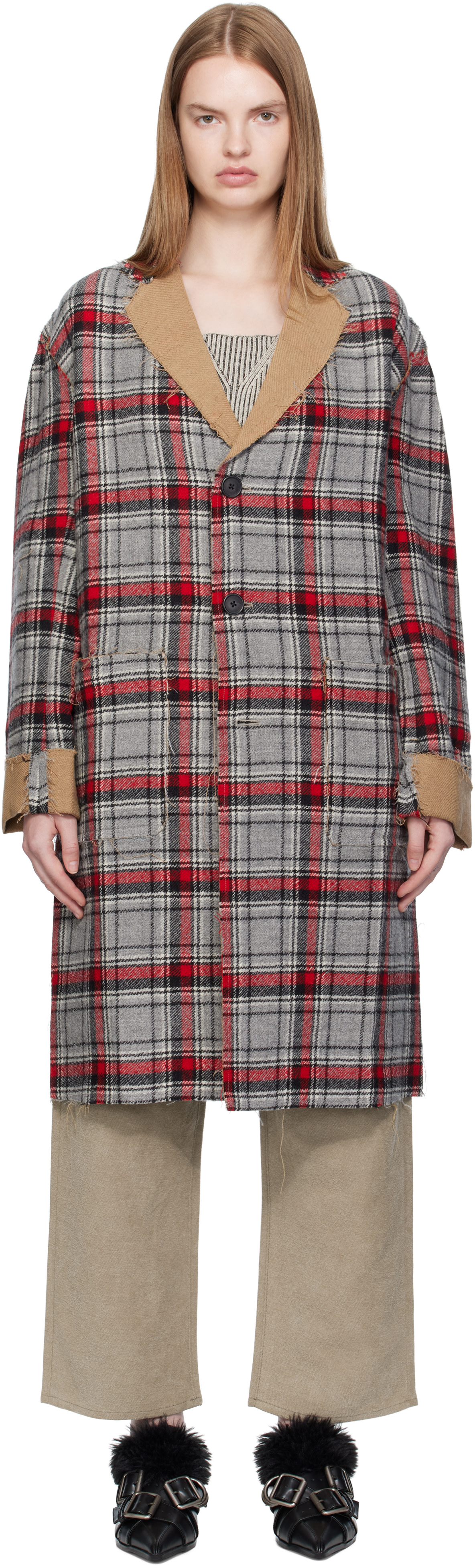 R13: Red & Gray Raw Cut Reversible Coat | SSENSE Taiwan